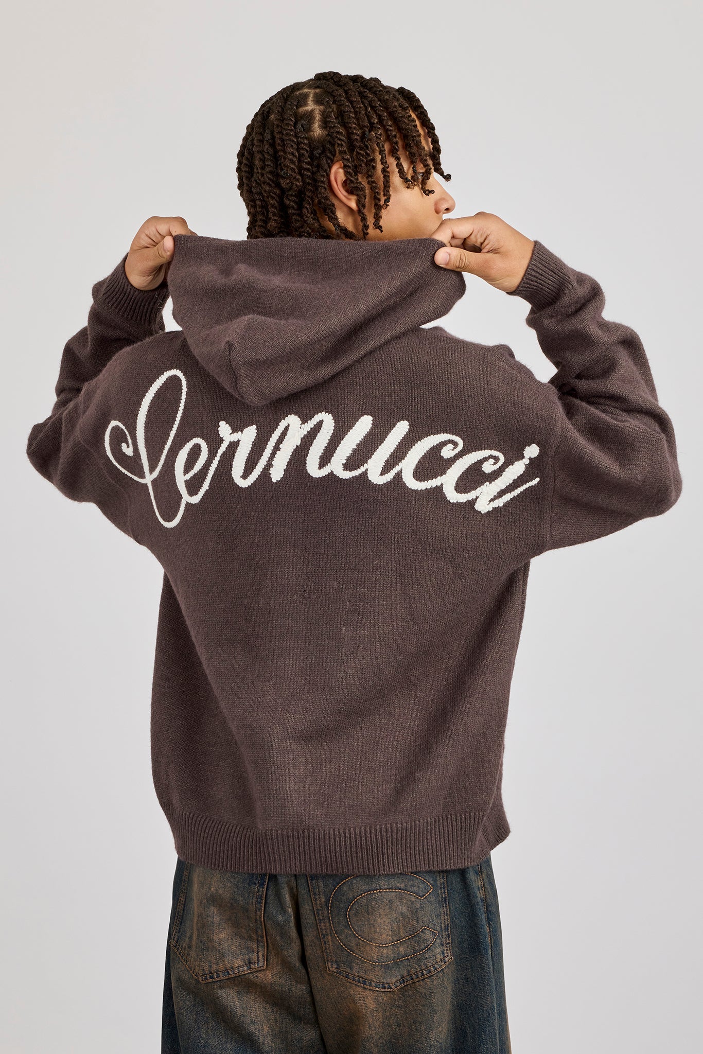 Knitted Cernucci Back Detail Boxy Zip Hoodie -Brown