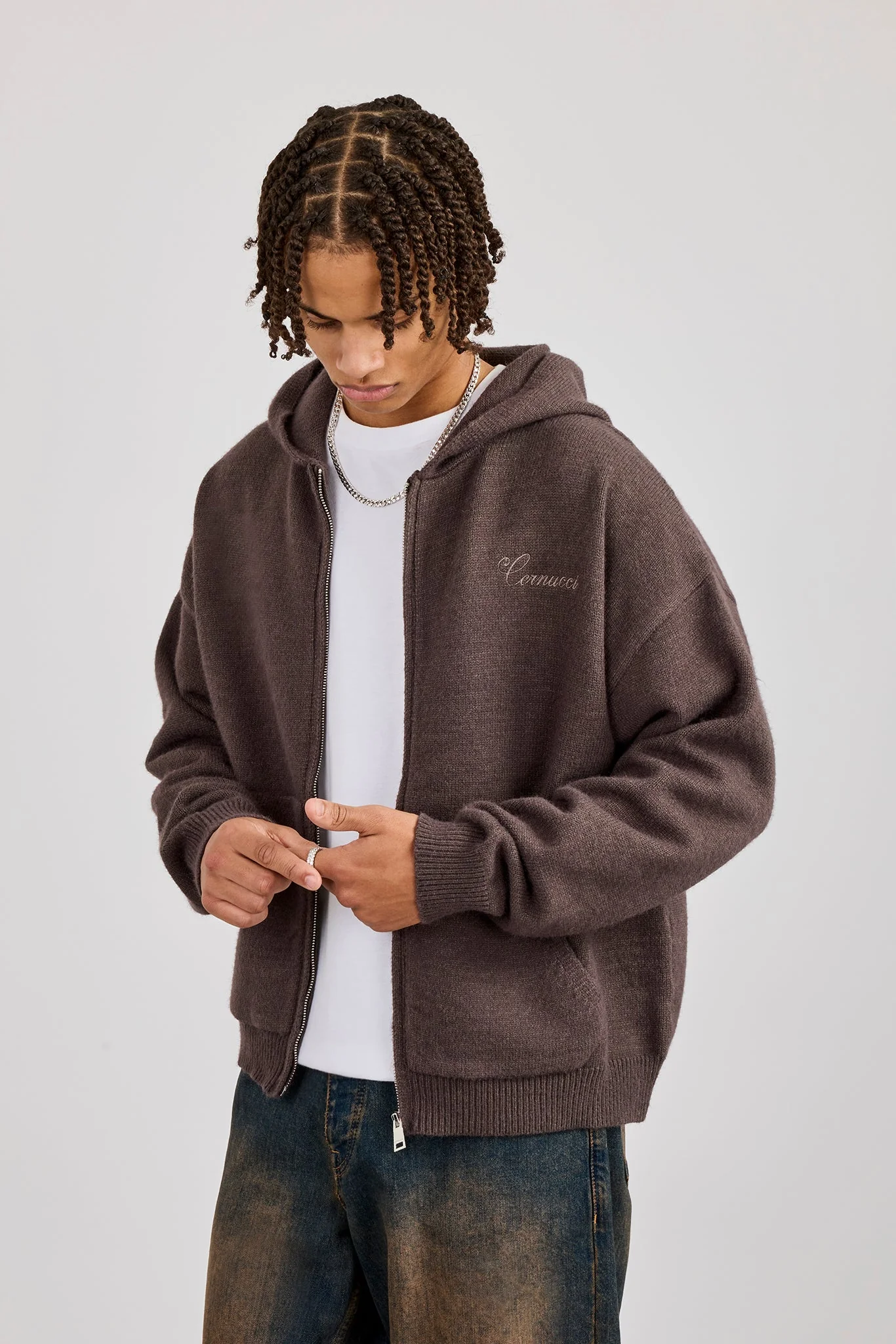 Knitted Cernucci Back Detail Boxy Zip Hoodie -Brown - Image 2
