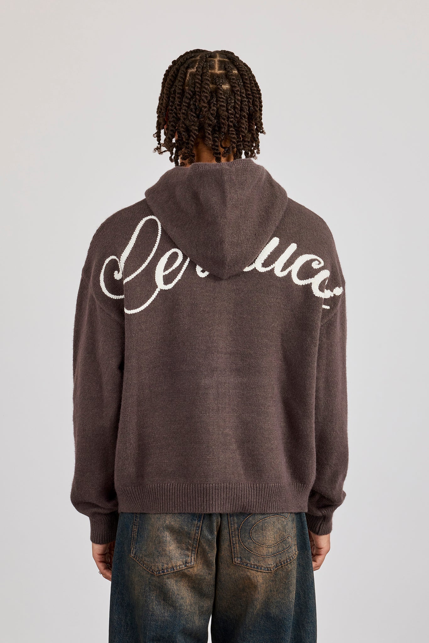 Knitted Cernucci Back Detail Boxy Zip Hoodie -Brown - Image 3