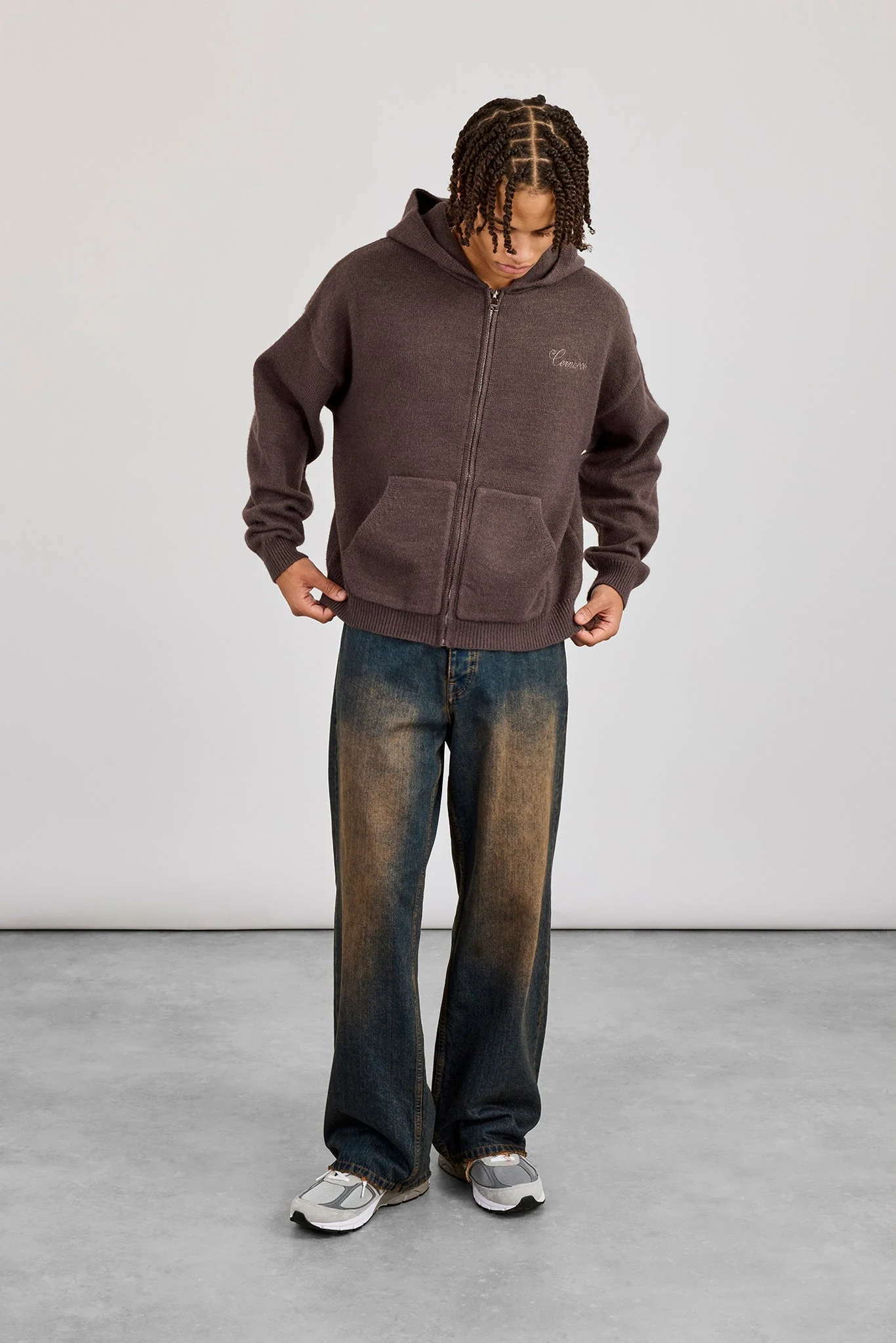 Knitted Cernucci Back Detail Boxy Zip Hoodie -Brown - Image 4