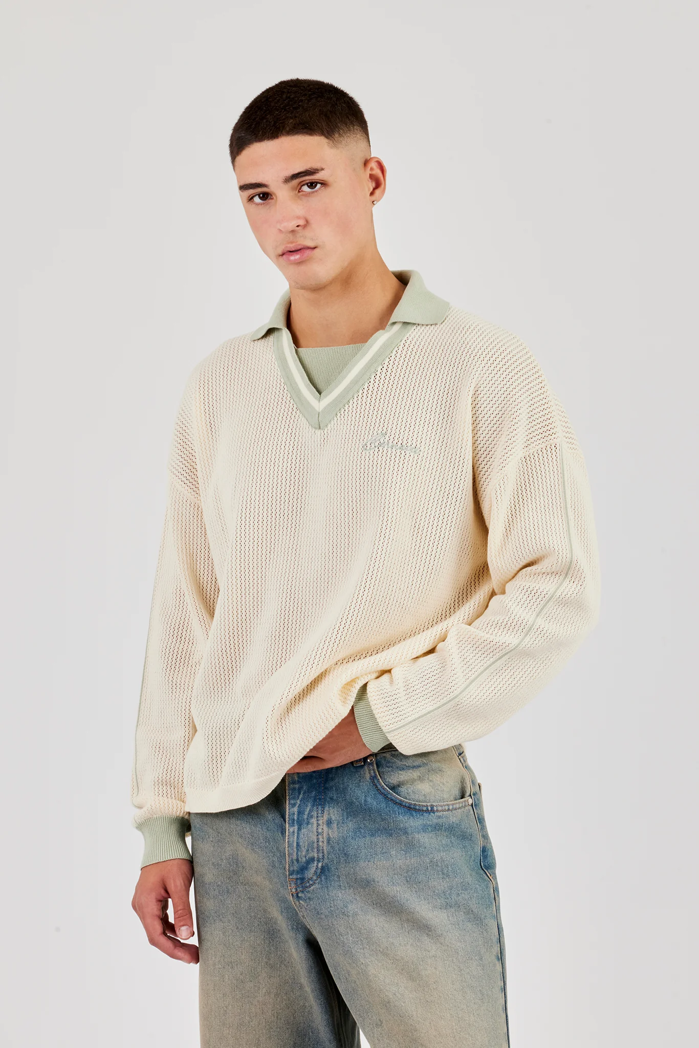 Knitted Cernucci Long Sleeve Polo - Green - Image 2