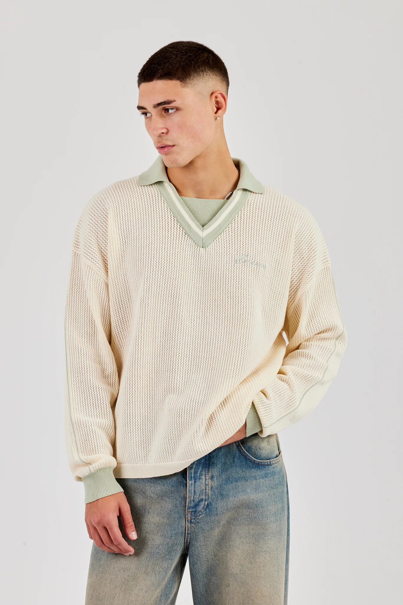 Knitted Cernucci Long Sleeve Polo - Green - Image 4
