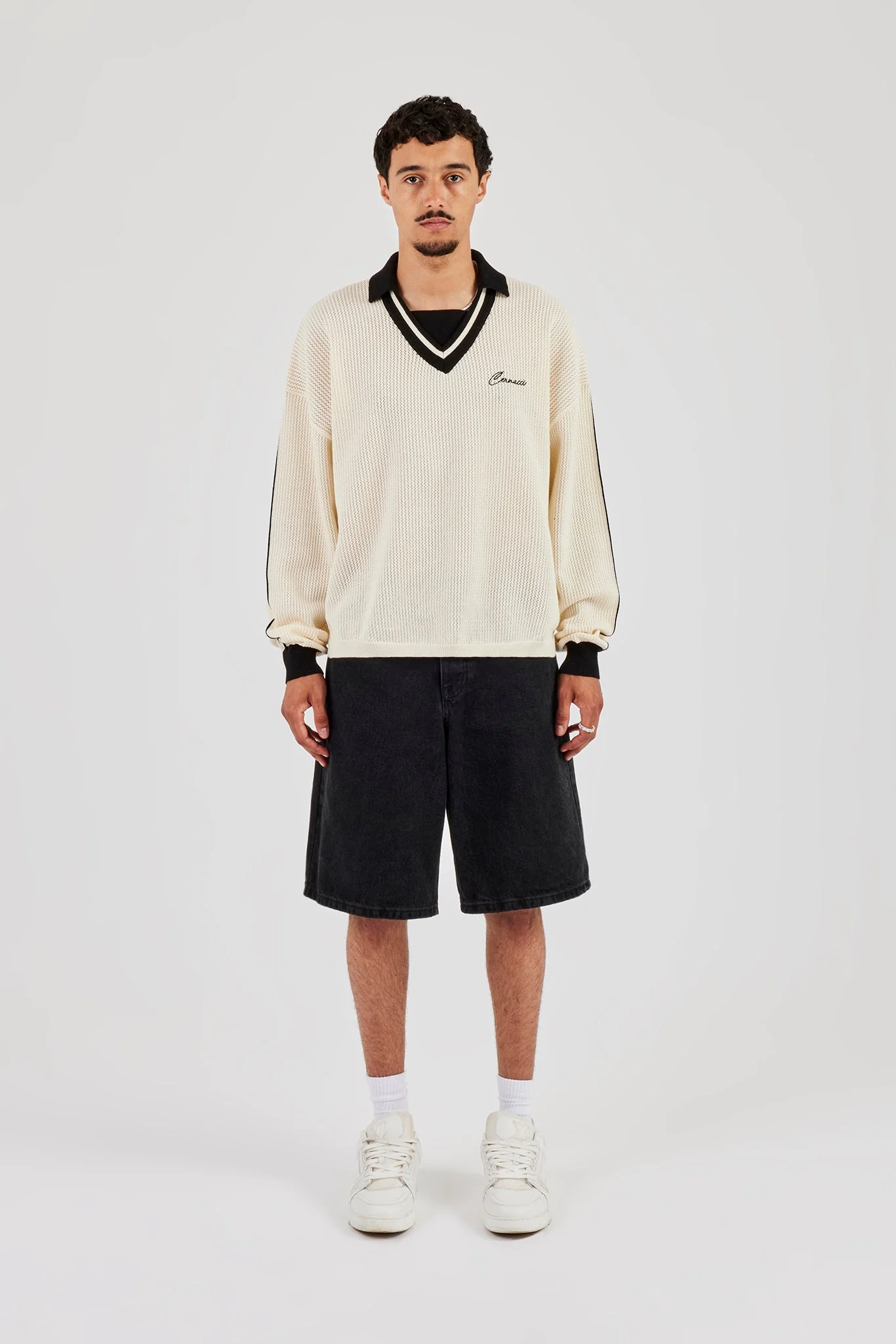 Knitted Cernucci Long Sleeve Polo - White - Image 2