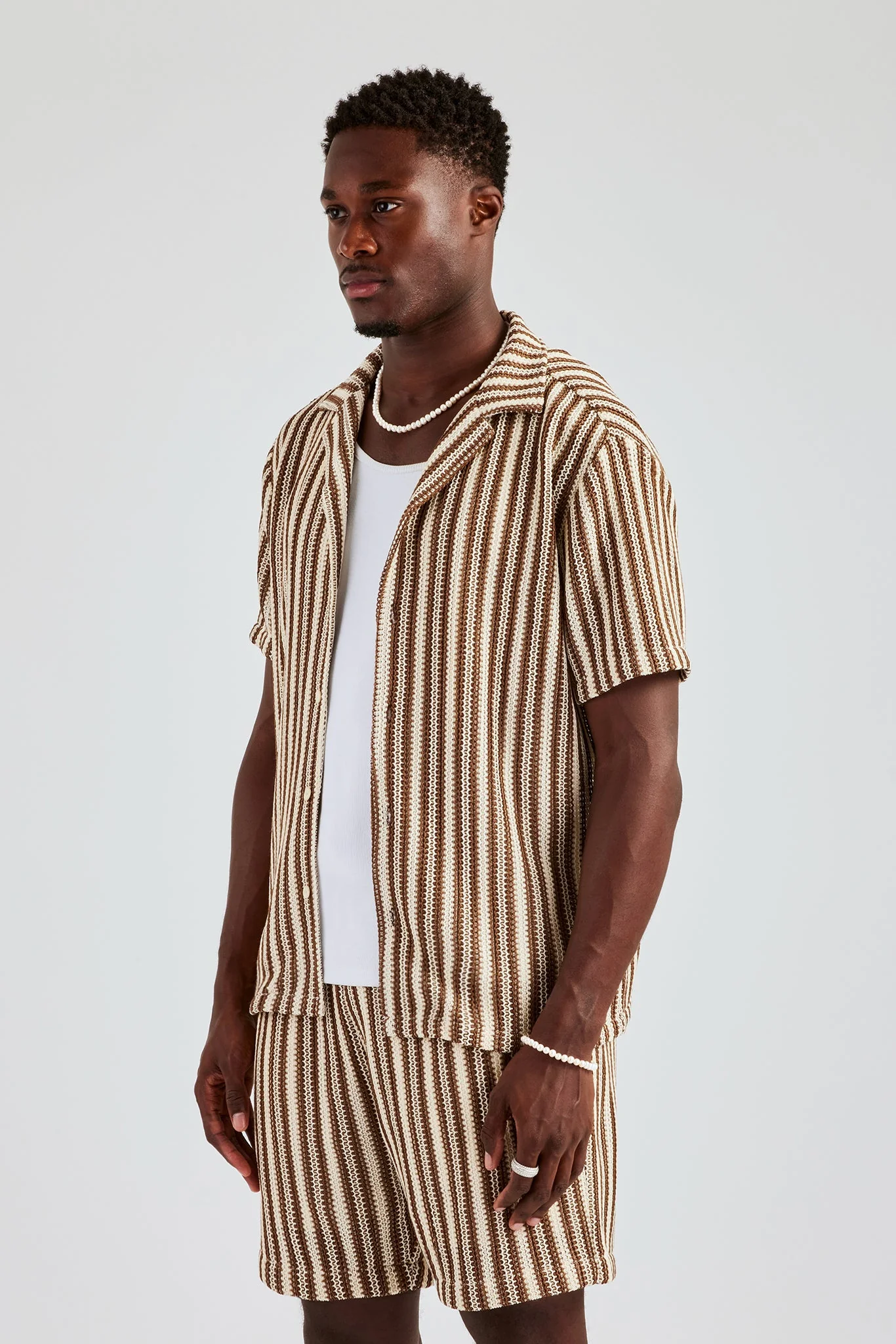 Knitted Contrast Stripe Revere Shirt - Chocolate - Image 2