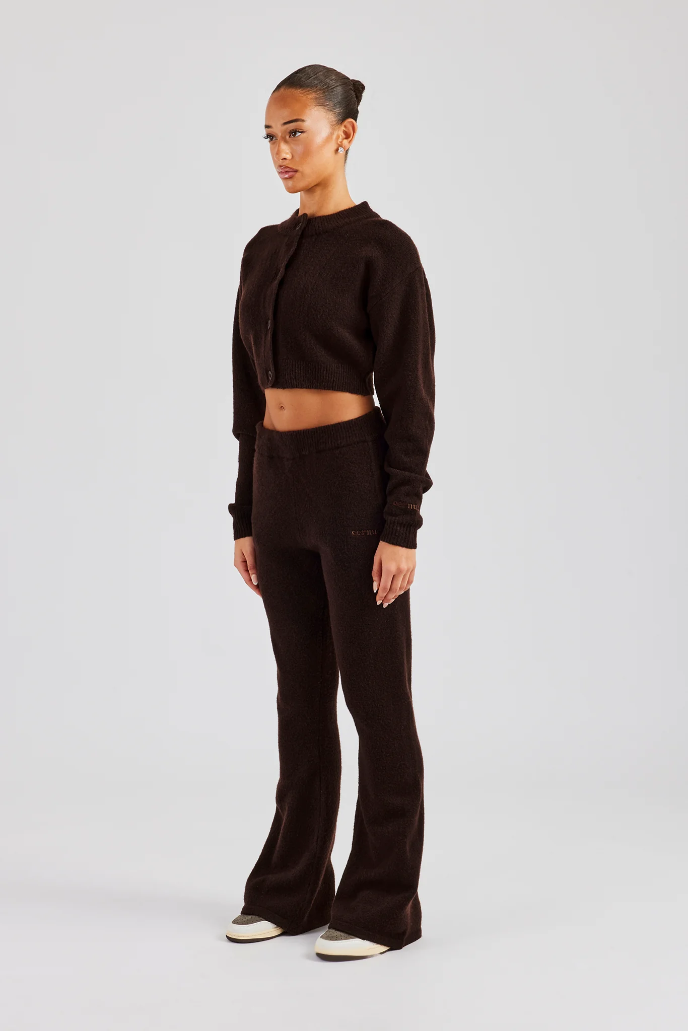 Knitted Cropped Cardigan & Flare Trouser - Chocolate - Image 3