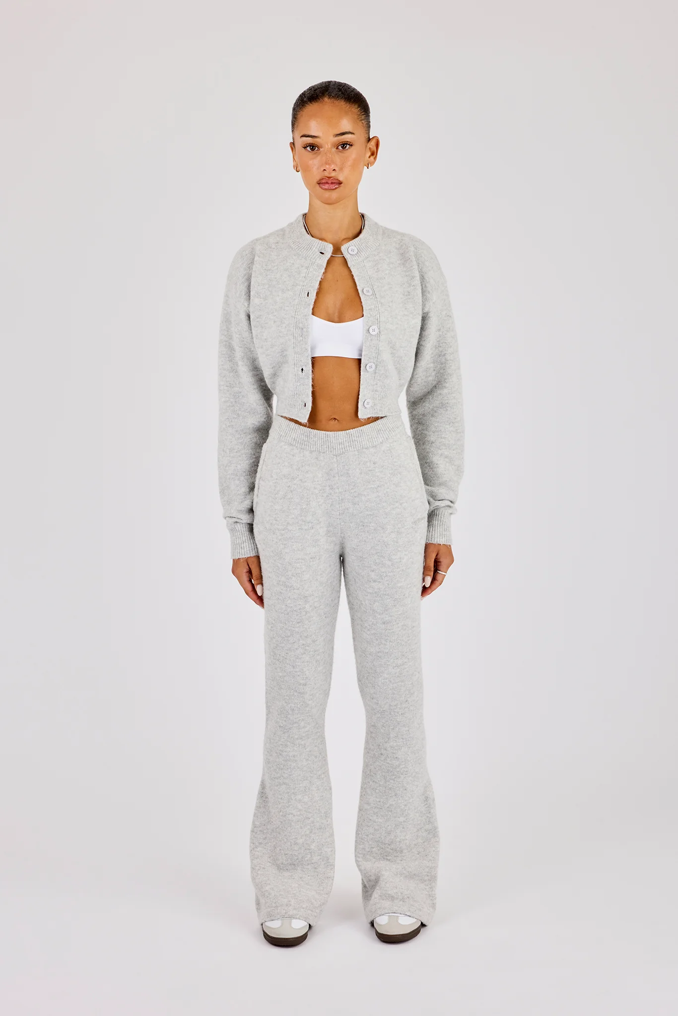 Knitted Cropped Cardigan & Flare Trouser - Grey - Image 4