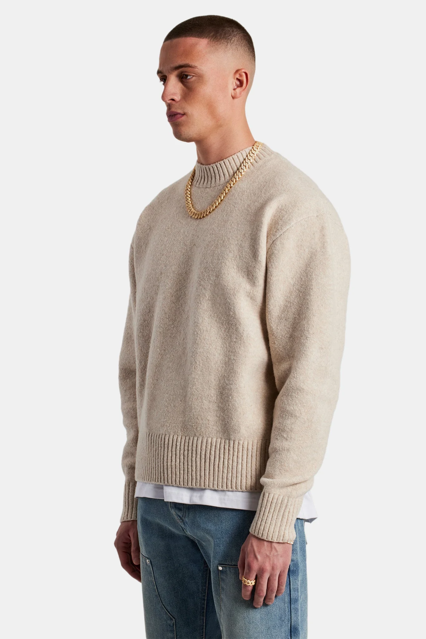 Knitted Deep Rib Sweater - Beige - Image 4