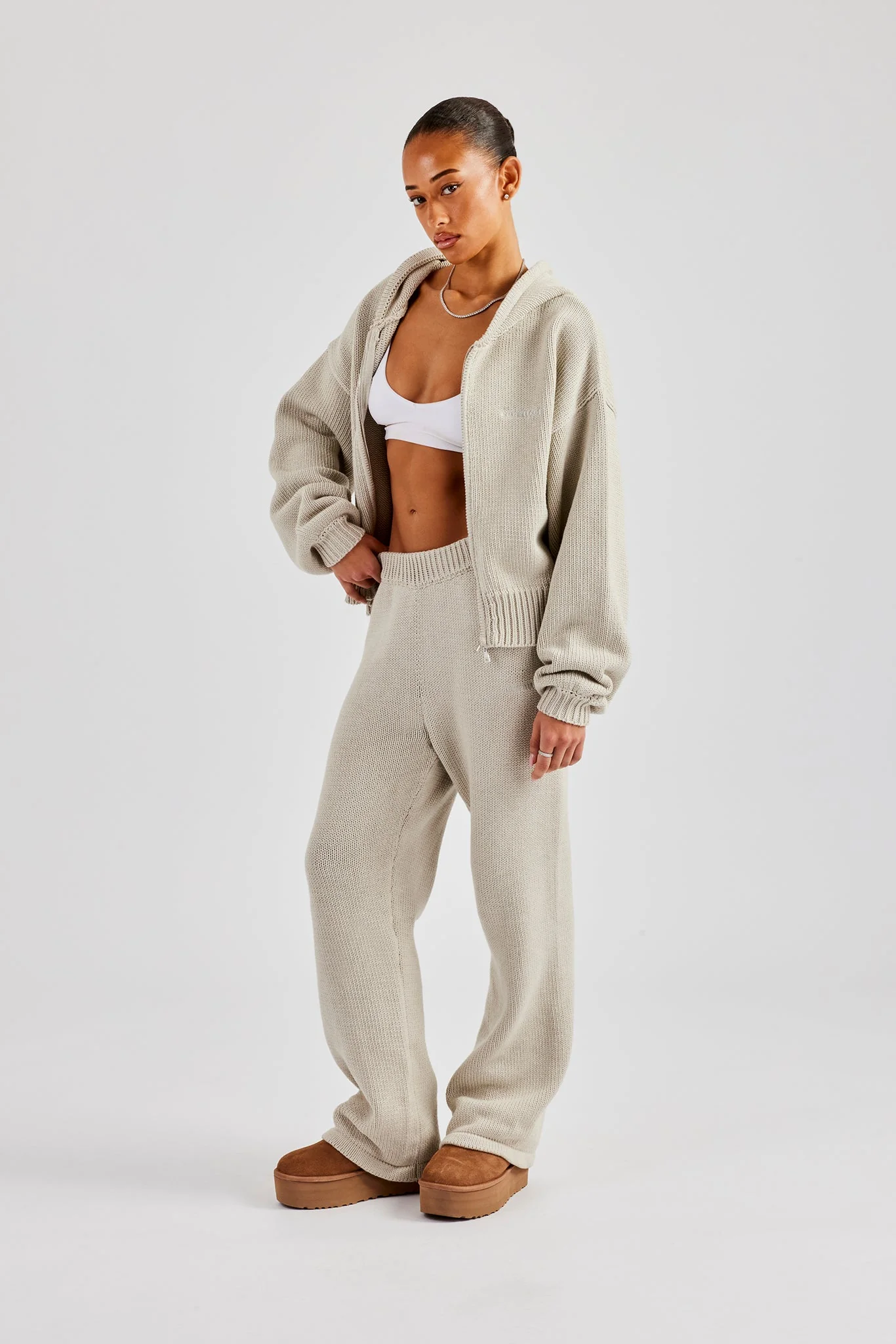 Knitted Embroidered Wide Leg Jogger - Stone - Image 3