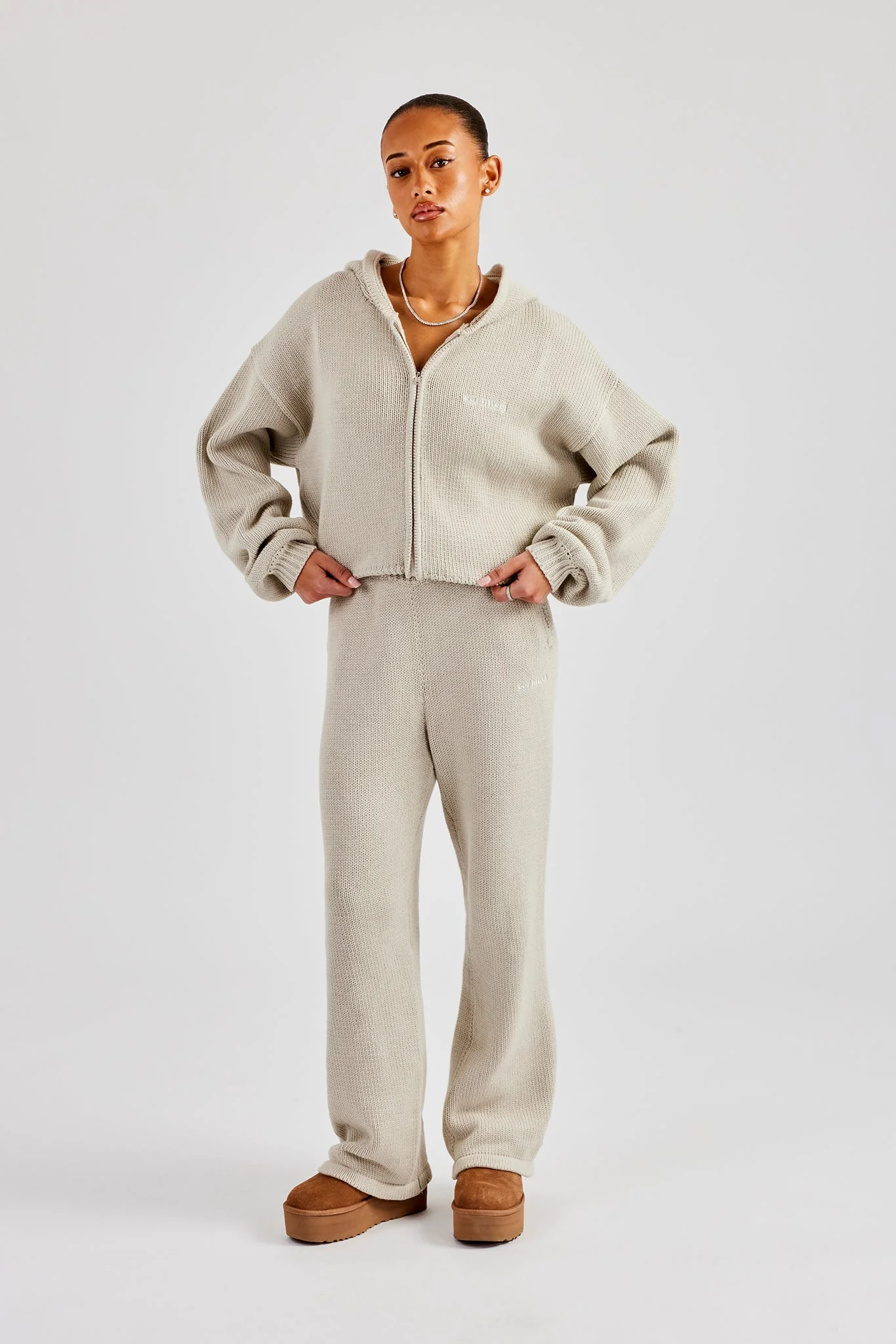 Knitted Embroidered Wide Leg Jogger - Stone - Image 5