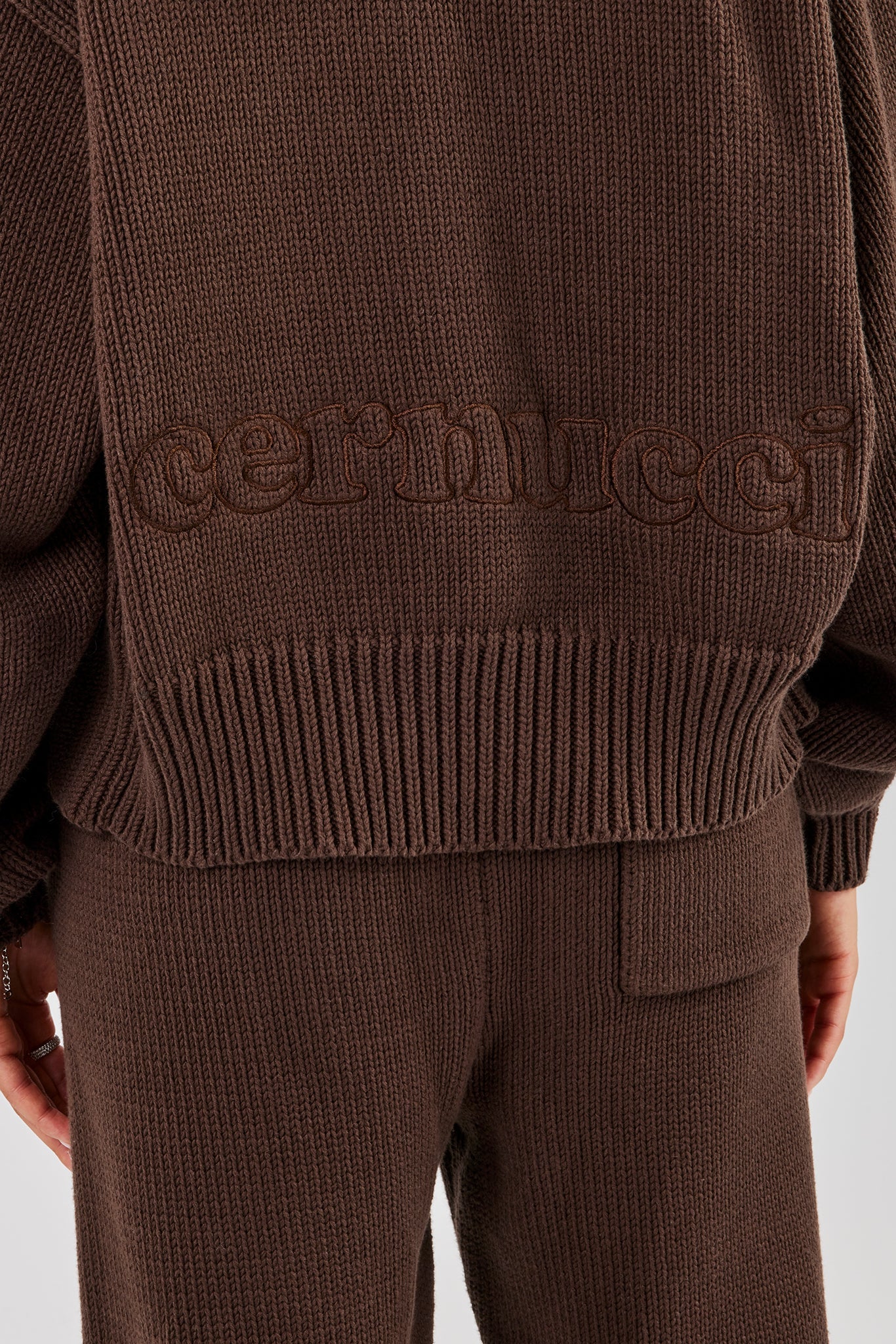 Knitted Embroidered Zip Through Hoodie - Chocolate - Image 3