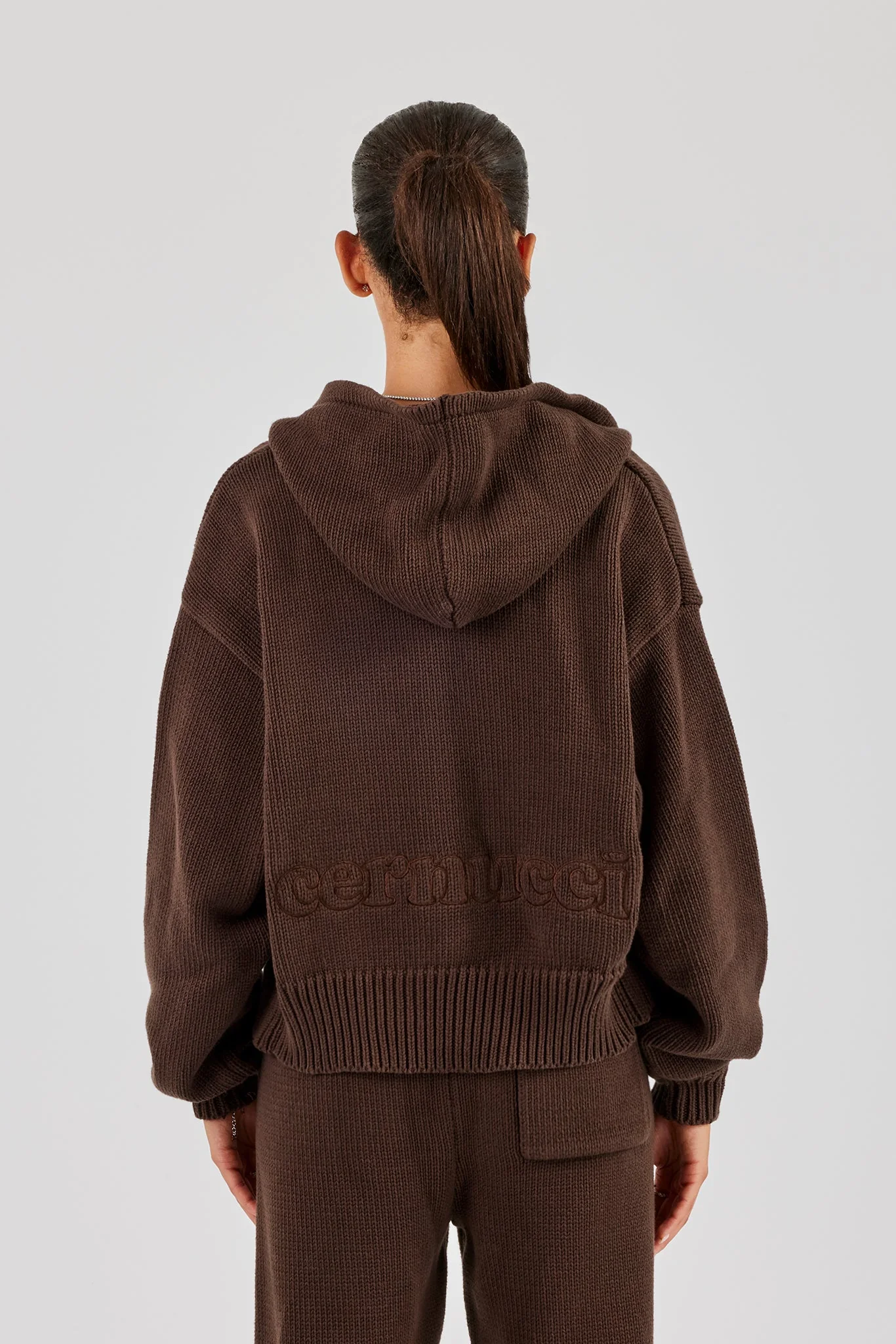 Knitted Embroidered Zip Through Hoodie - Chocolate - Image 4
