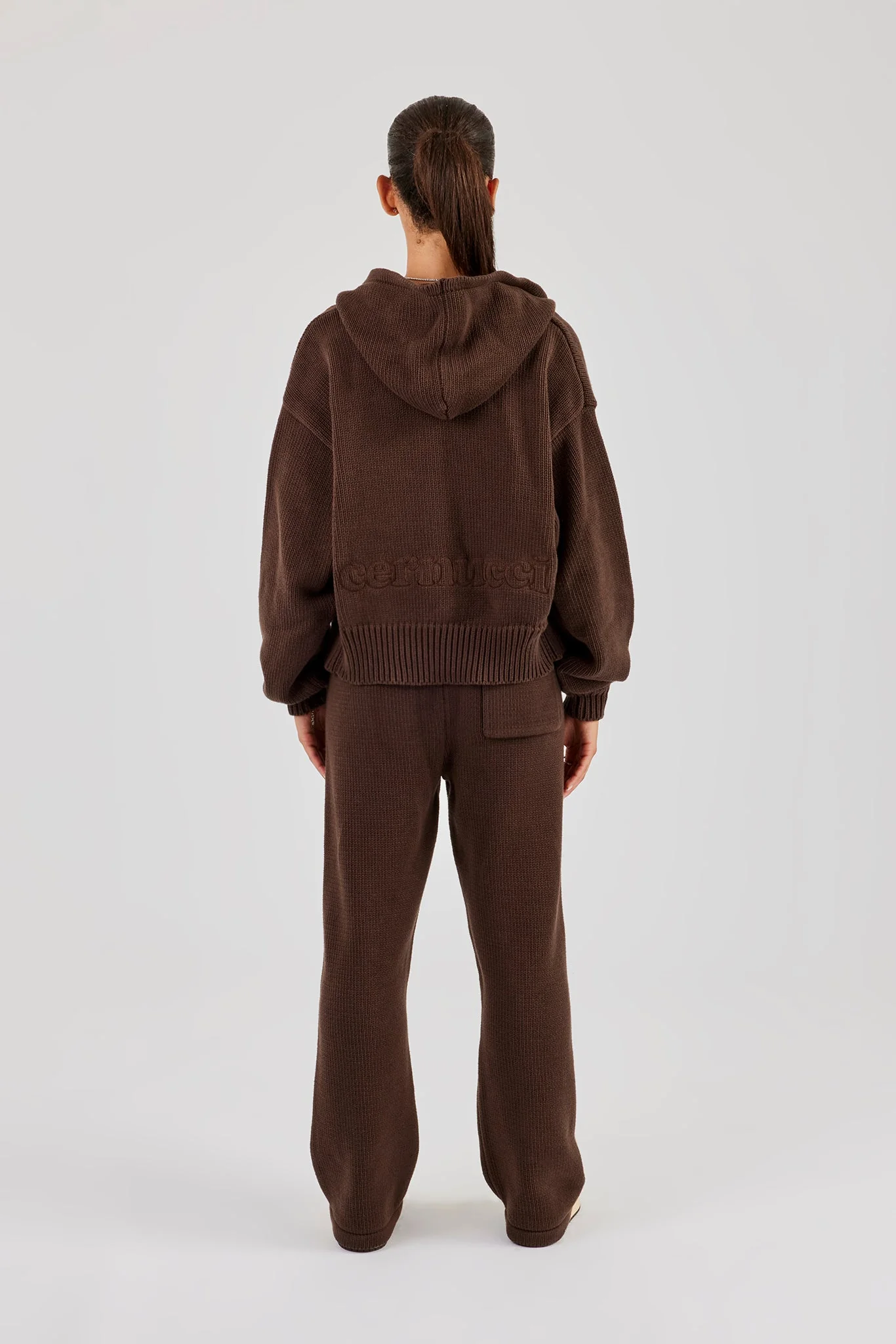 Knitted Embroidered Zip Through Tracksuit - Chocolate - Image 3