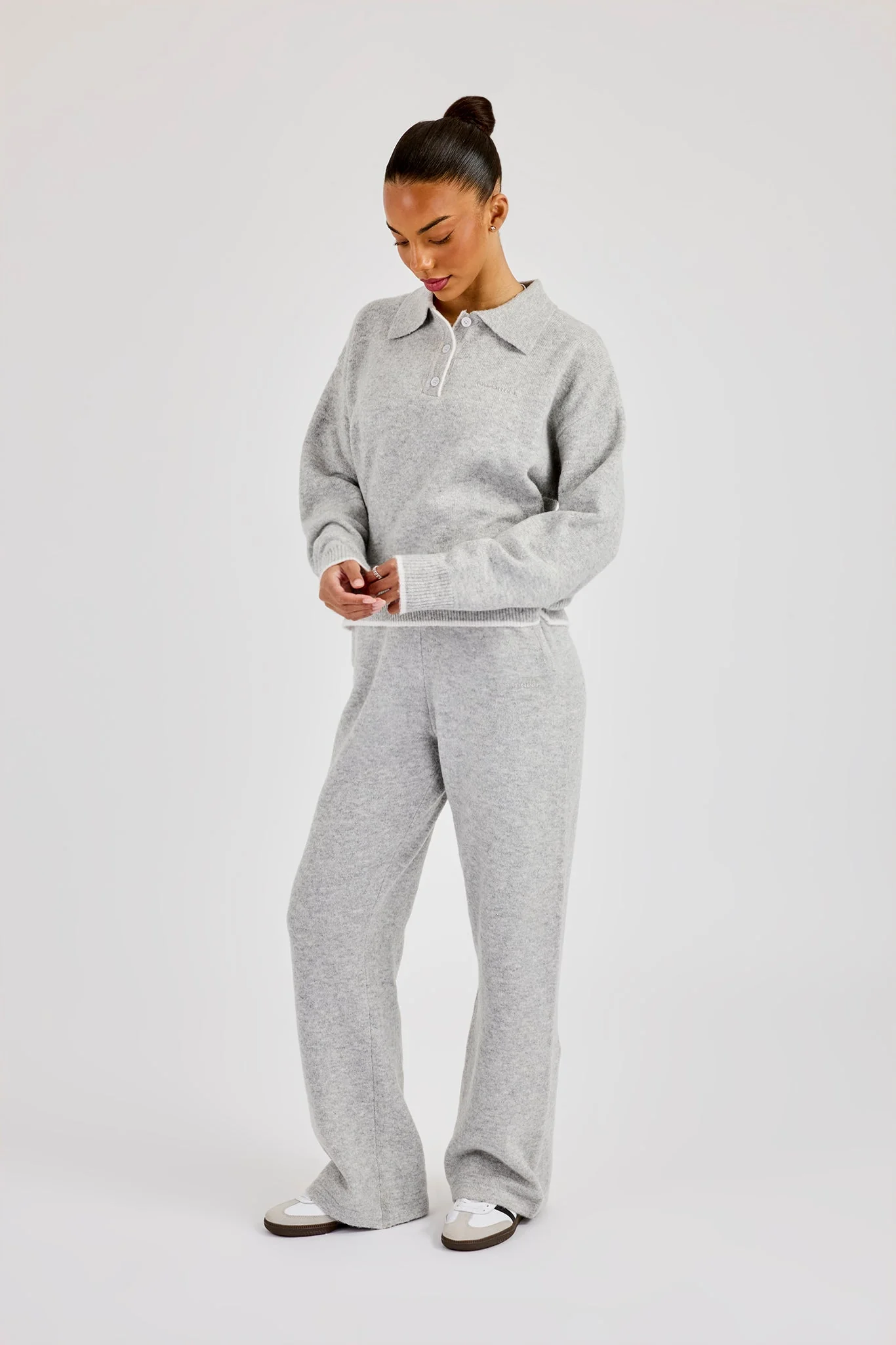 Knitted Long Sleeve Polo & Jogger With Contrast Tipping - Grey - Image 3