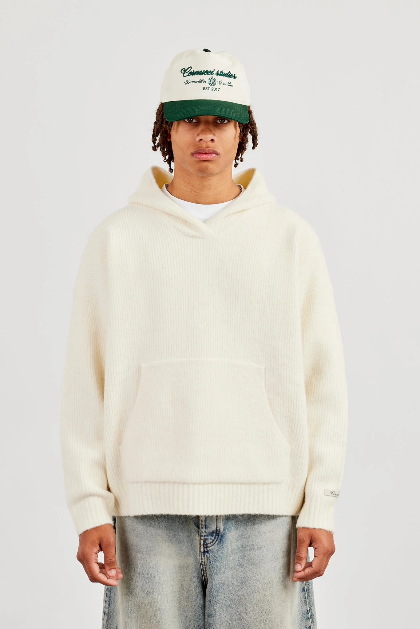Knitted V Neck Hoodie - Off White - Image 4