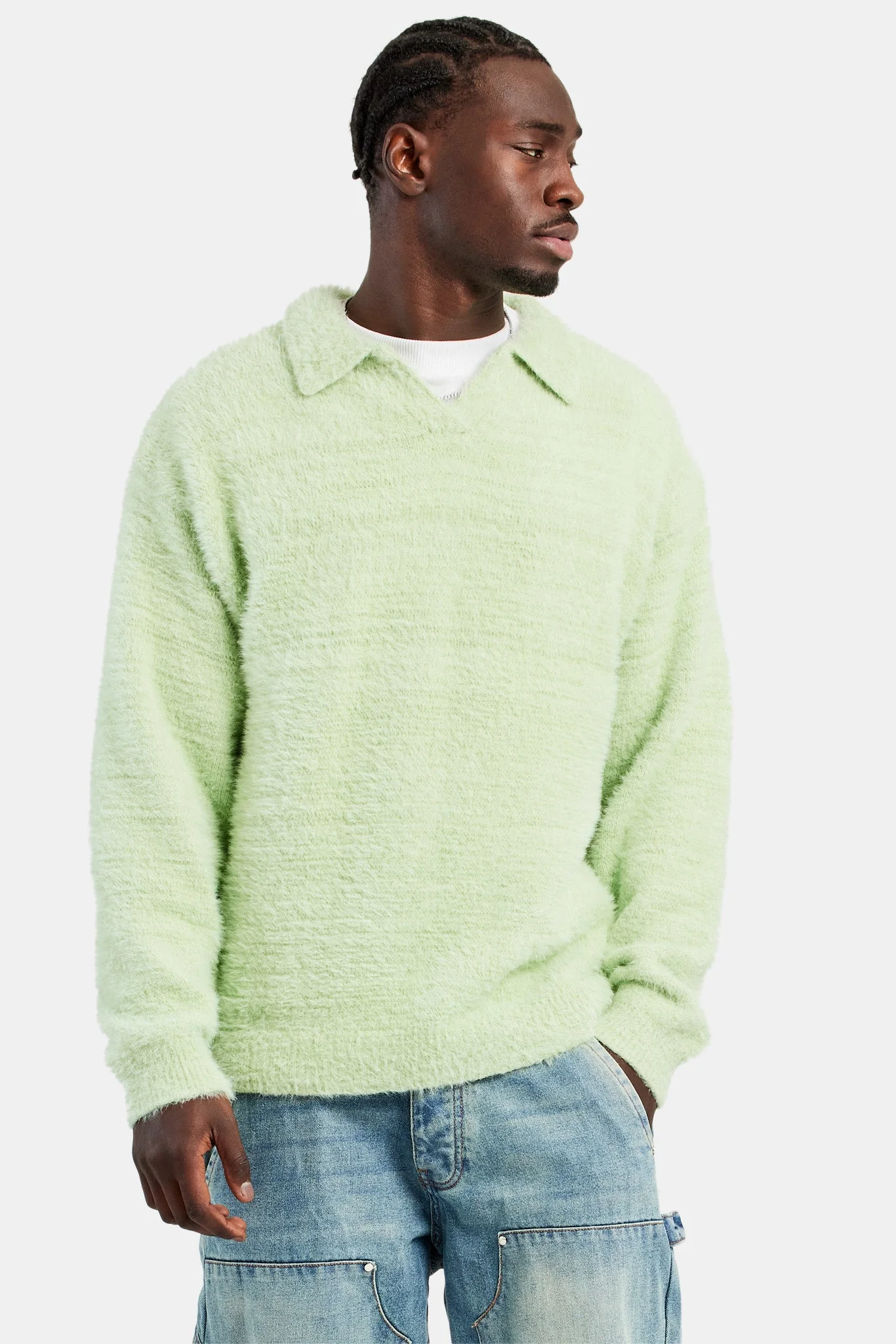 Knitted V Neck Polo - Lime - Image 2