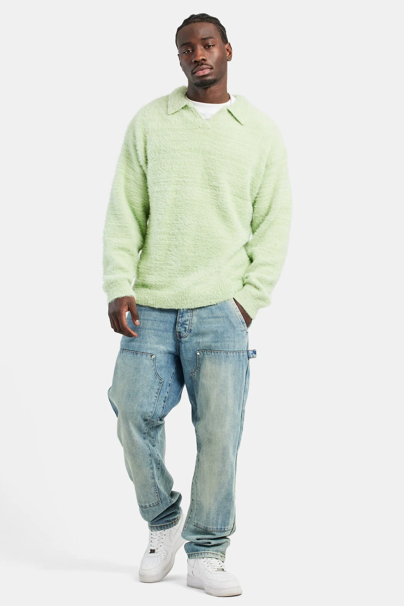 Knitted V Neck Polo - Lime - Image 4