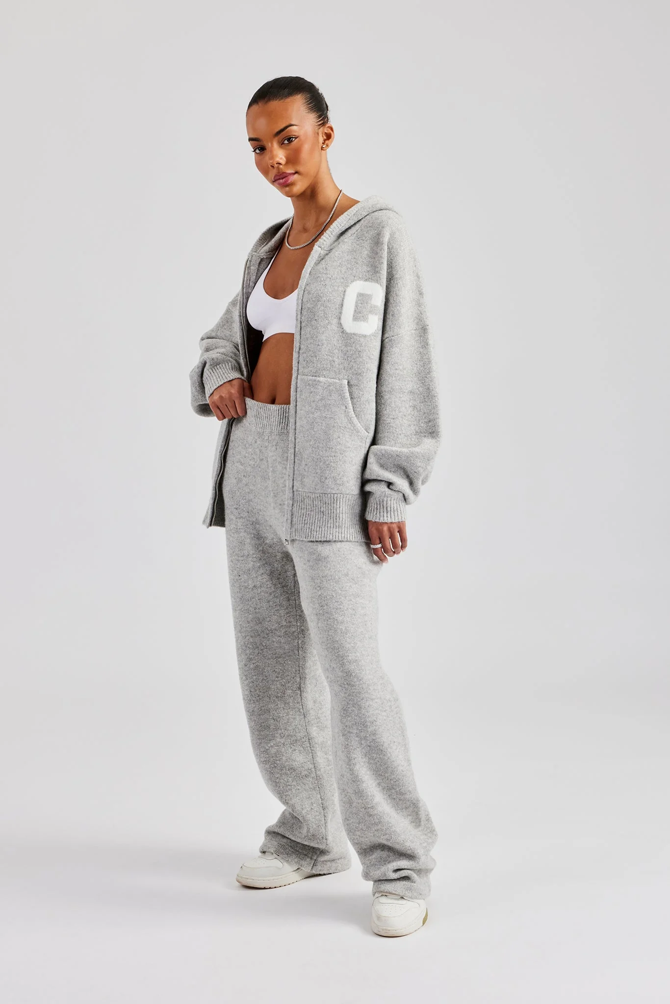 Knitted Wide Leg Jogger - Light Grey - Image 2