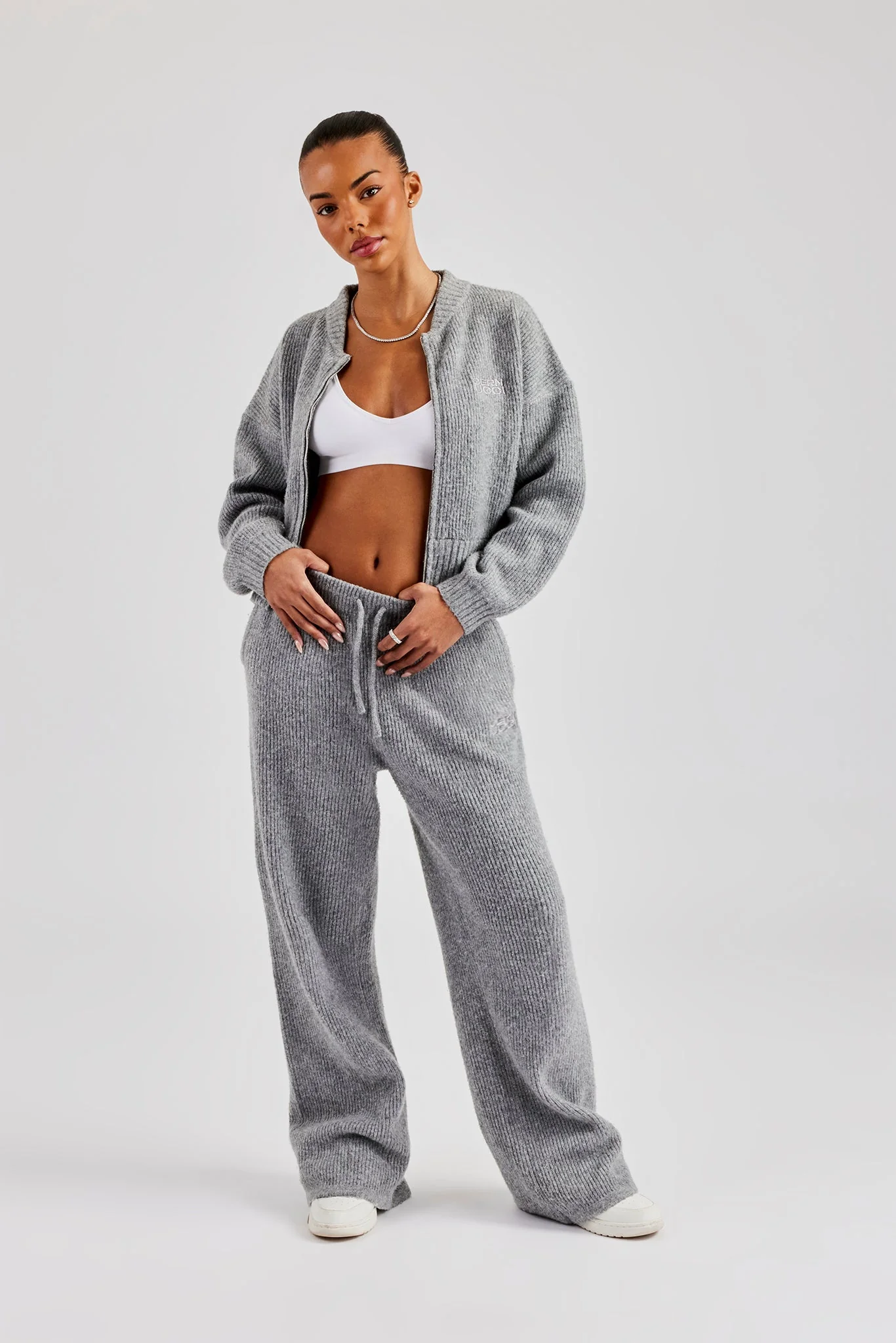 Knitted Zip Bomber & Straight Leg Trouser - Grey - Image 2