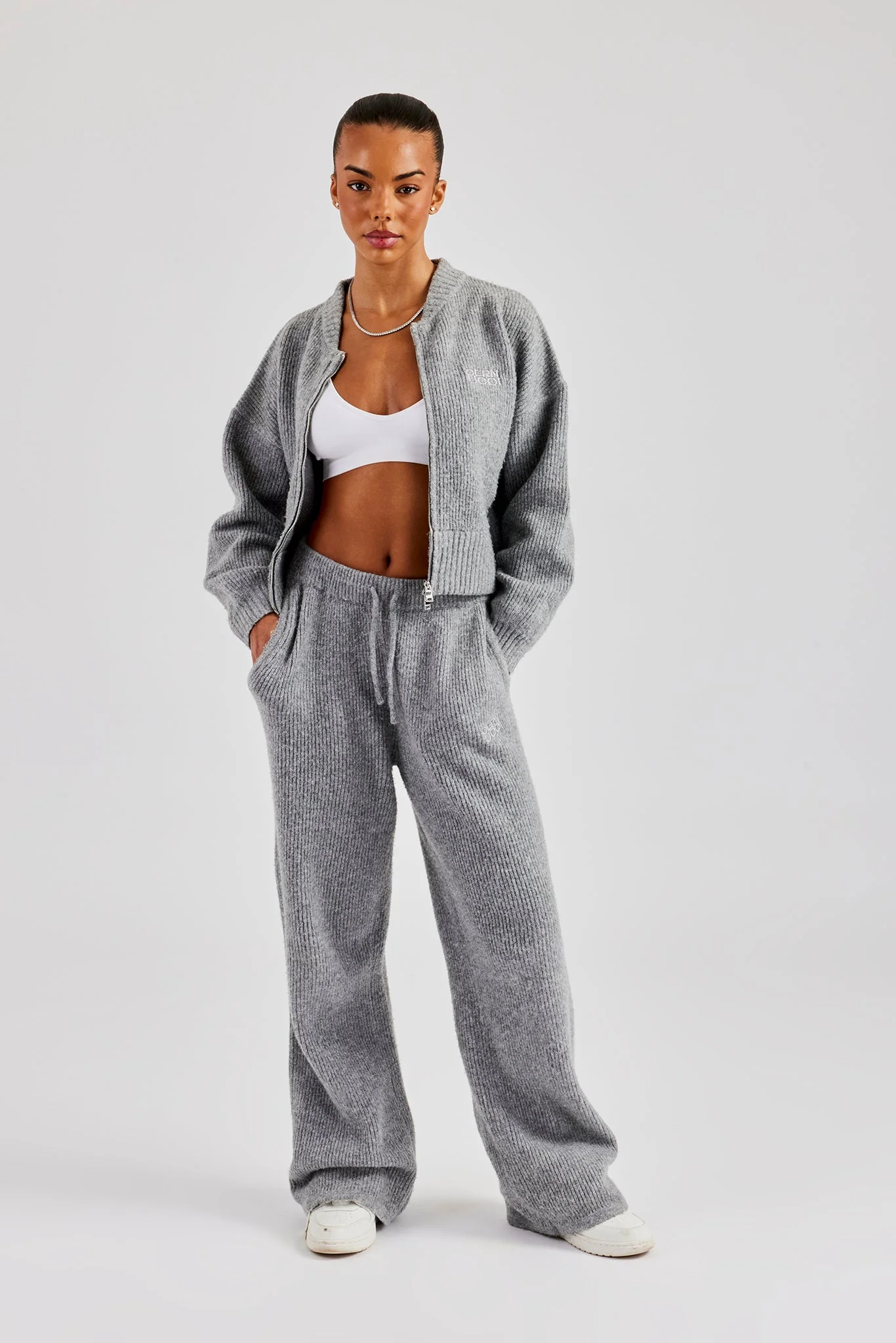 Knitted Zip Bomber & Straight Leg Trouser - Grey - Image 3