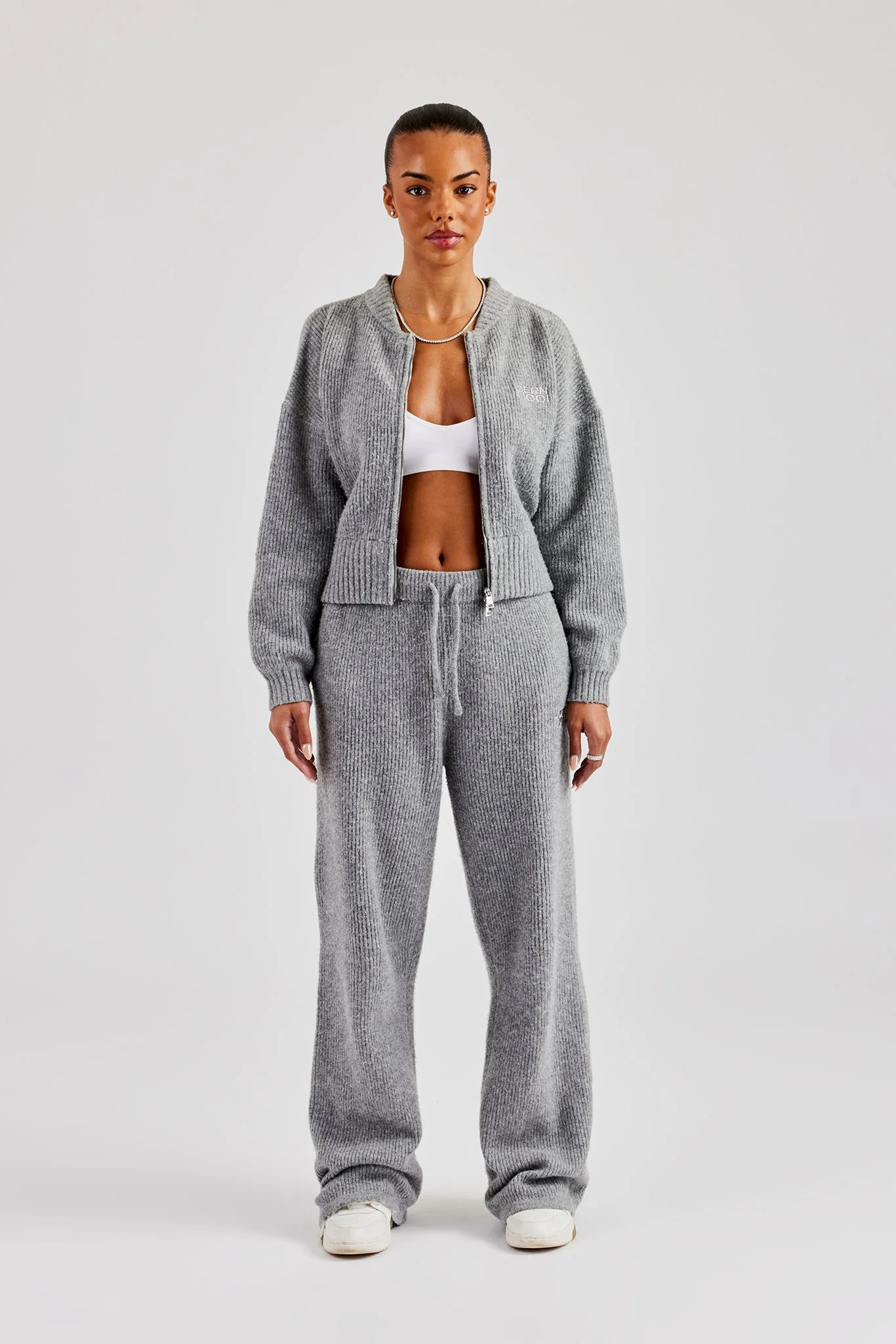 Knitted Zip Bomber & Straight Leg Trouser - Grey - Image 4