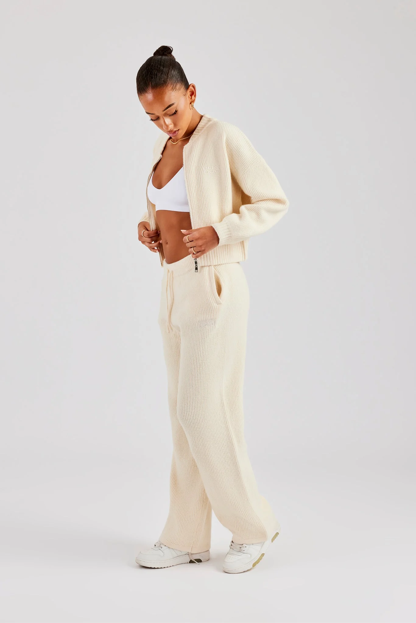 Knitted Zip Front Bomber and Jogger - Oatmeal - Image 2