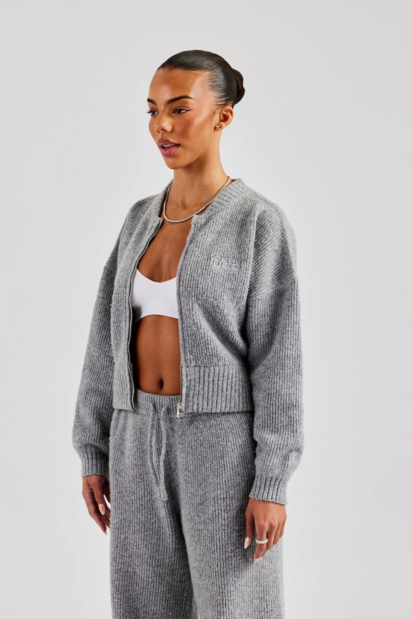Knitted Zip Front Bomber - Grey - Image 4
