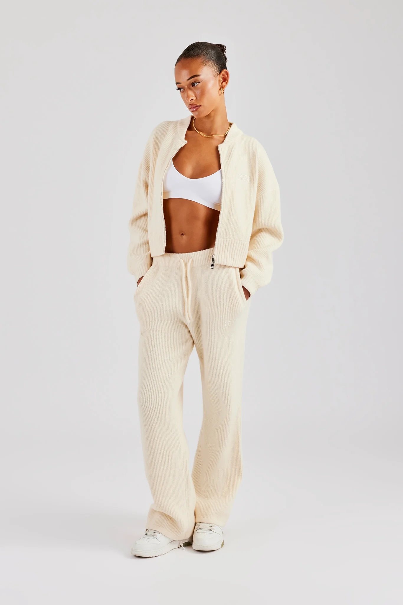 Knitted Zip Front Bomber - Oatmeal - Image 4