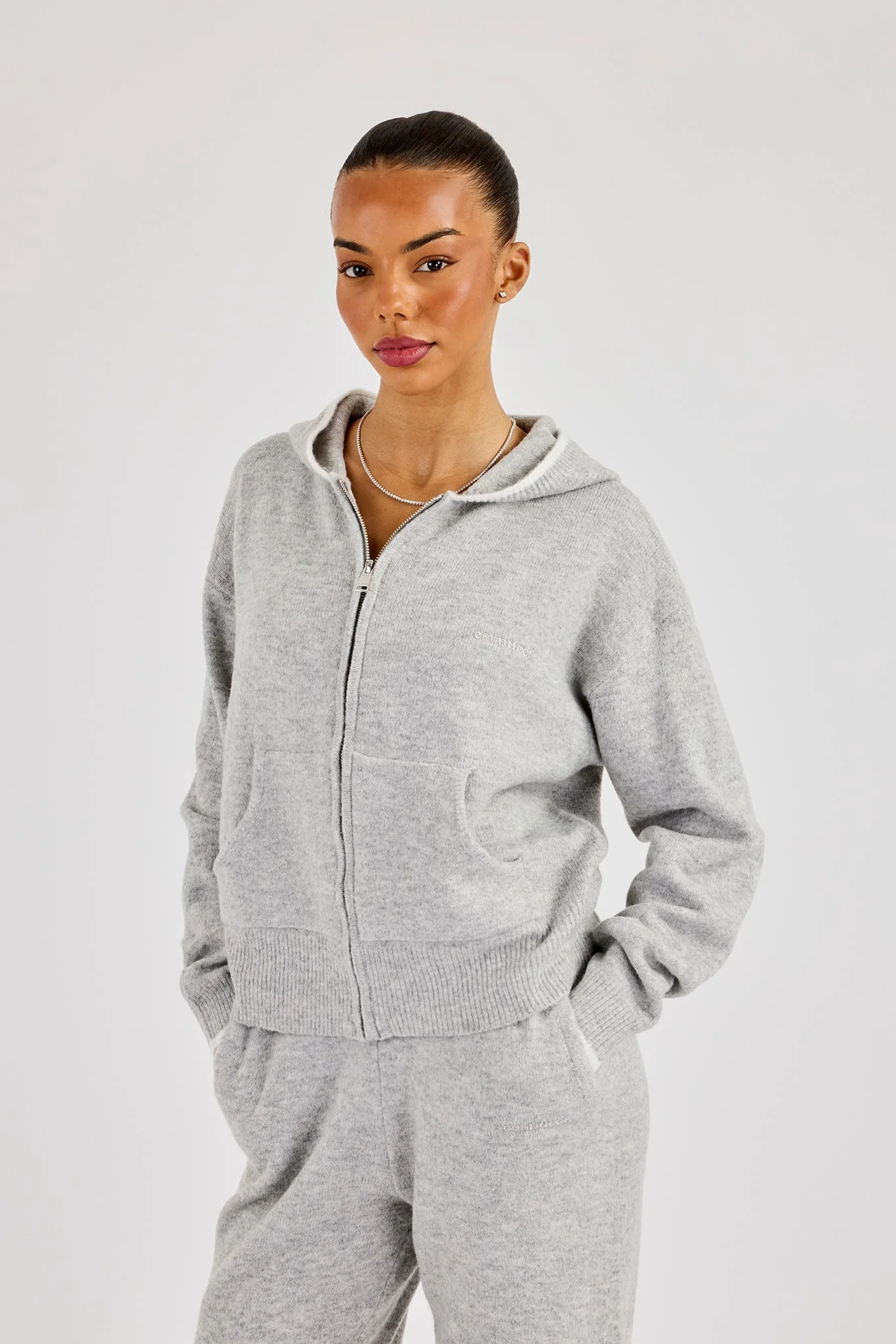 Knitted Zip Through Hoodie With Contrast Tipping - Grey - Image 4