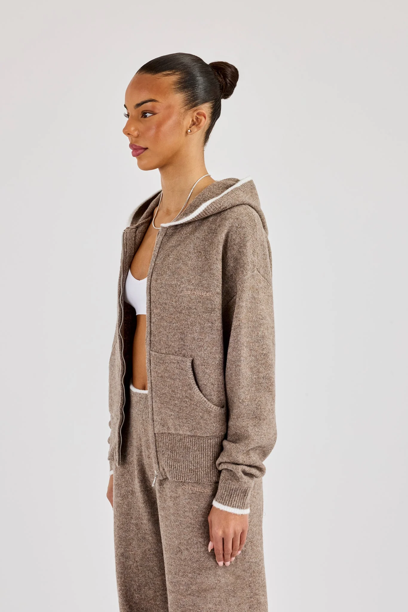 Knitted Zip Through Hoodie With Contrast Tipping - Taupe - Image 2