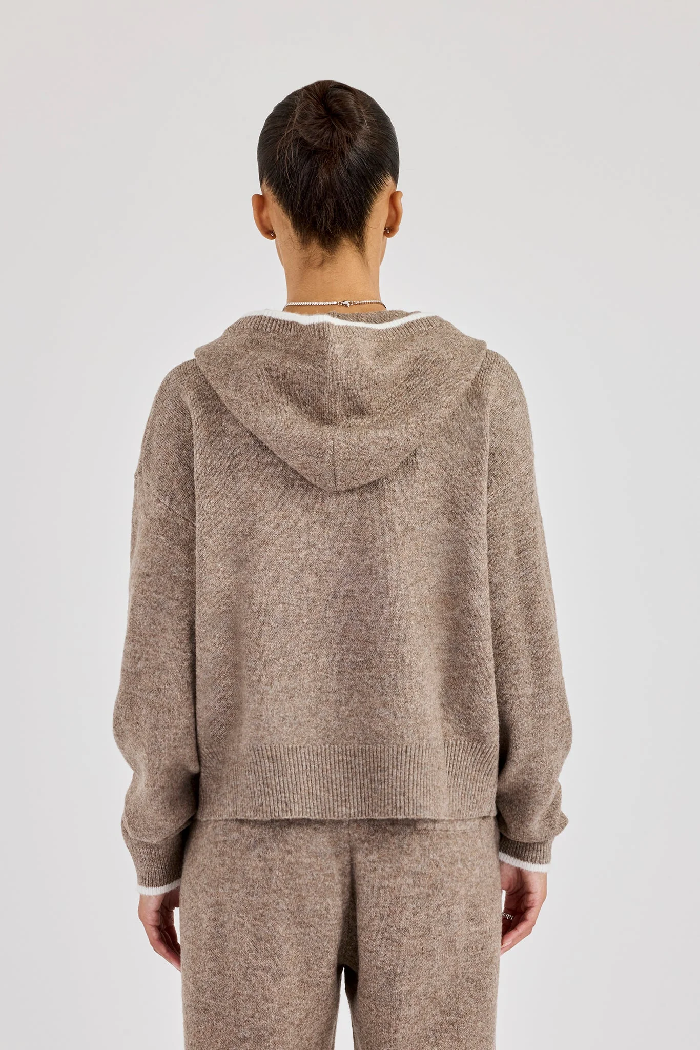 Knitted Zip Through Hoodie With Contrast Tipping - Taupe - Image 3