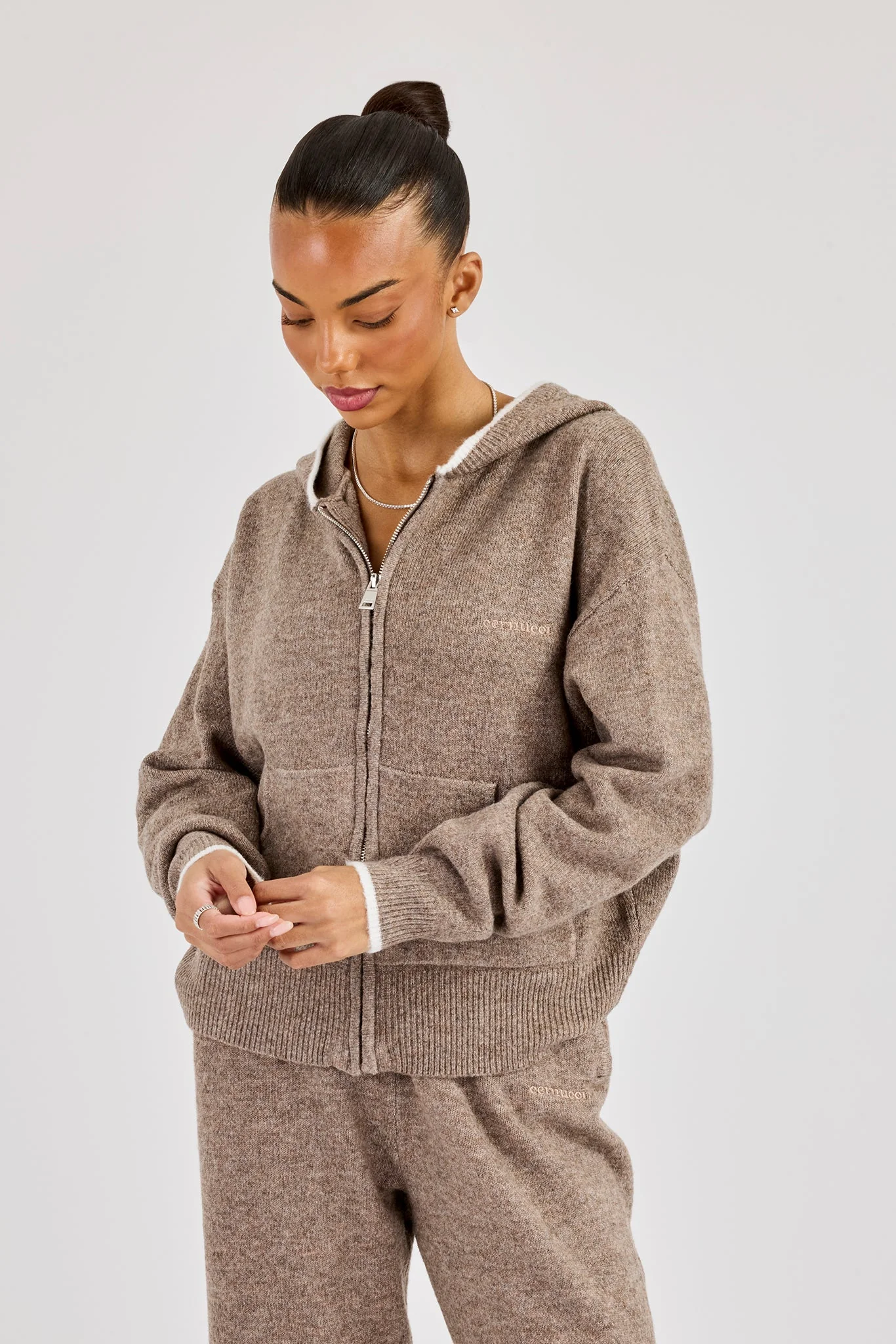 Knitted Zip Through Hoodie With Contrast Tipping - Taupe - Image 4
