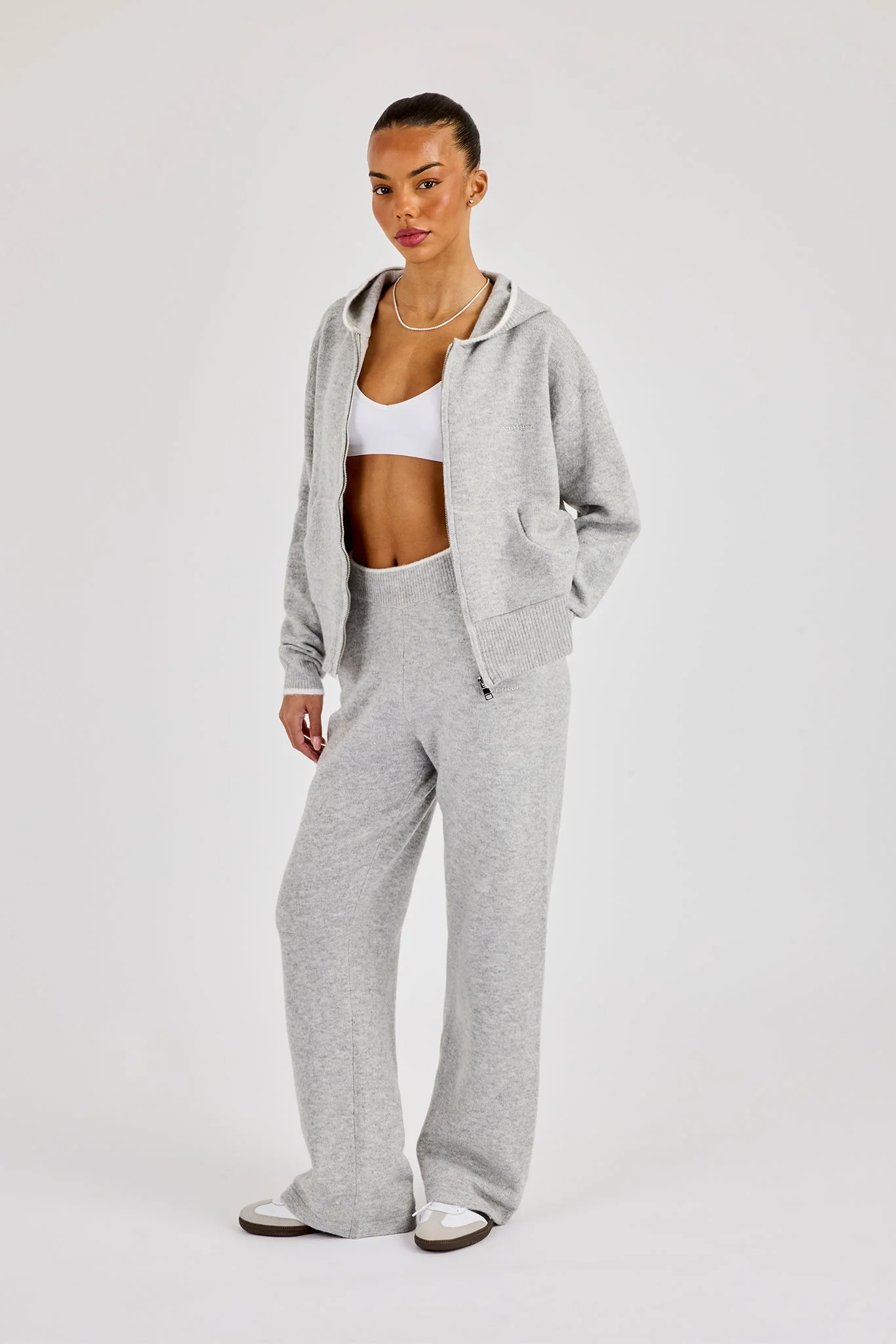 Knitted Zip Through & Jogger With Contrast Tipping - Grey