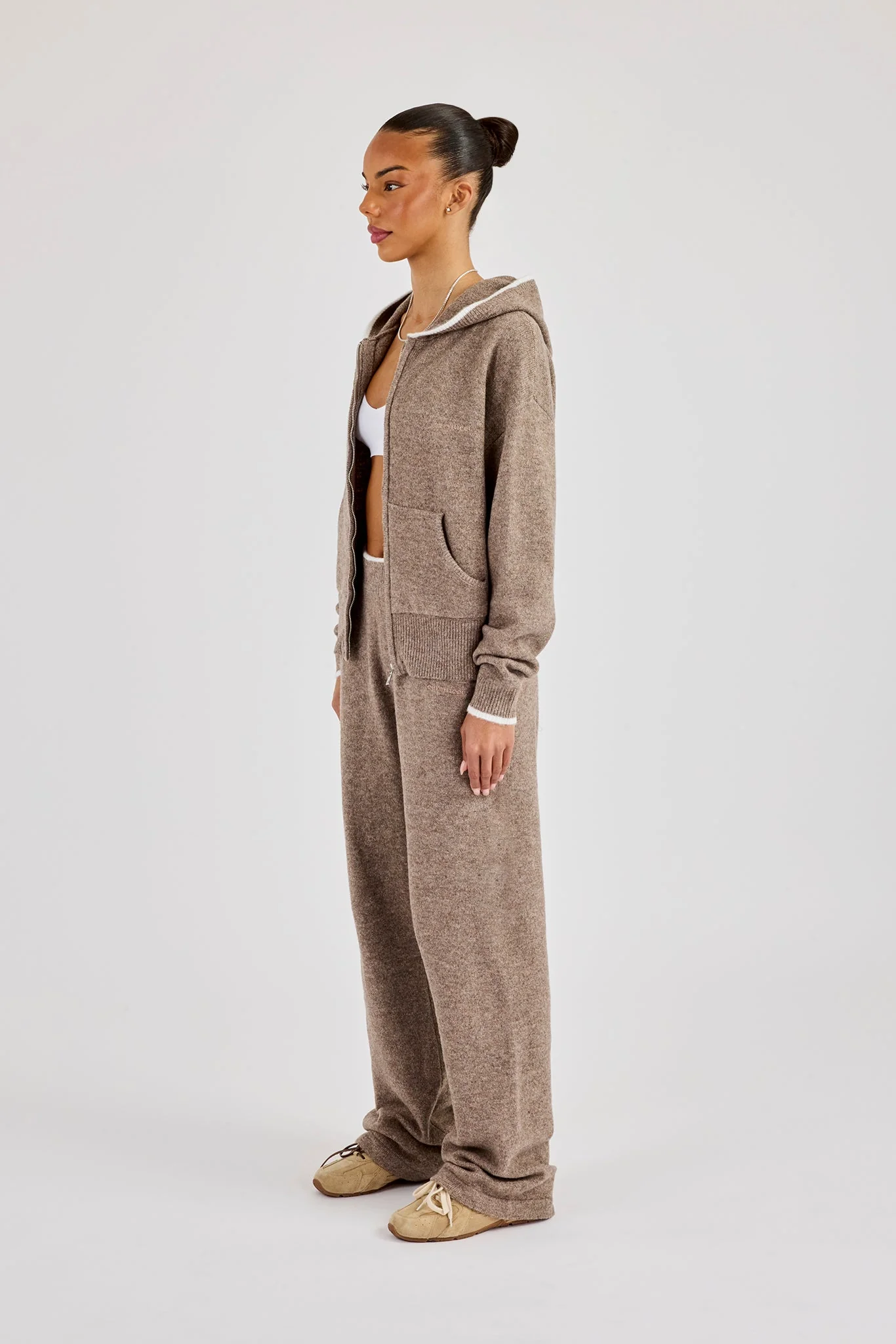 Knitted Zip Through & Jogger With Contrast Tipping - Taupe - Image 2