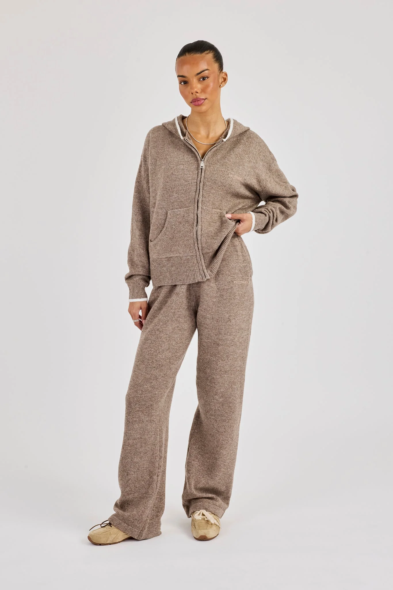 Knitted Zip Through & Jogger With Contrast Tipping - Taupe - Image 4