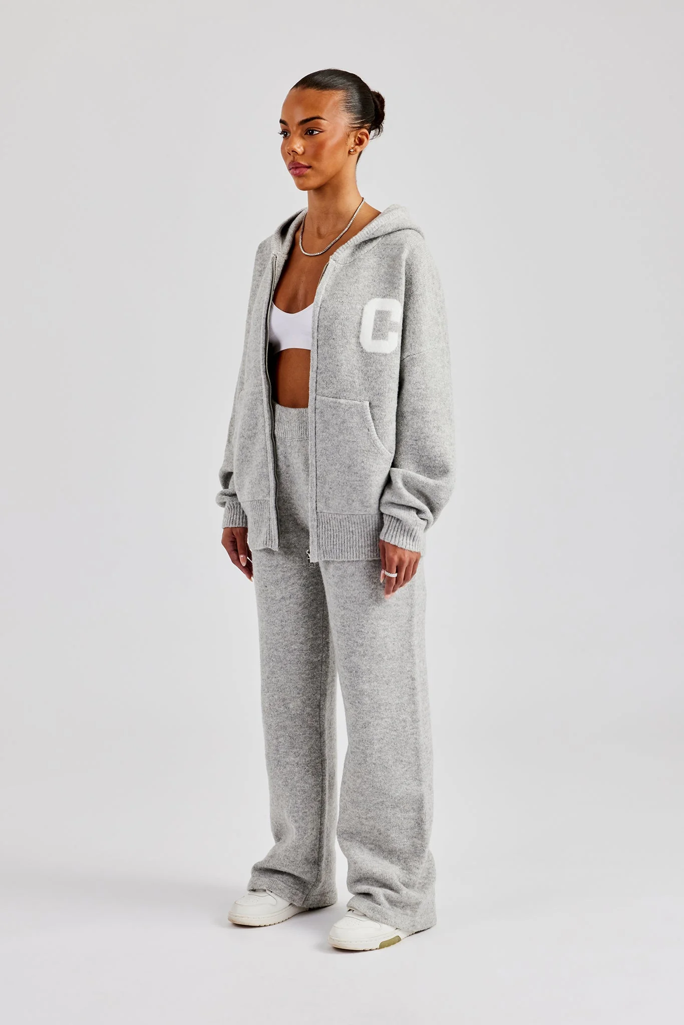 Knitted Zip Through Tracksuit - Light Grey - Image 6