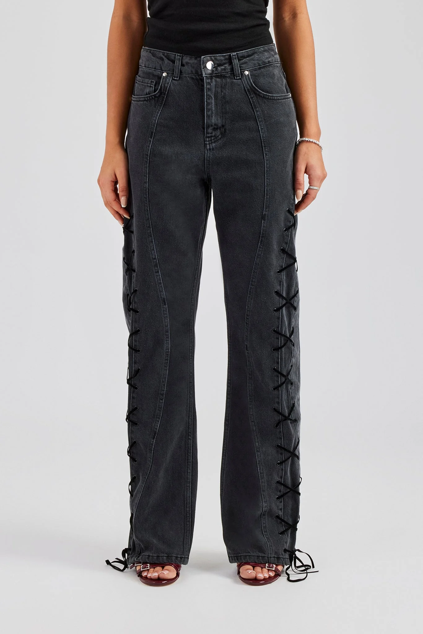 Lace Up Detail Relaxed Denim Jean - Washed Black - Image 2