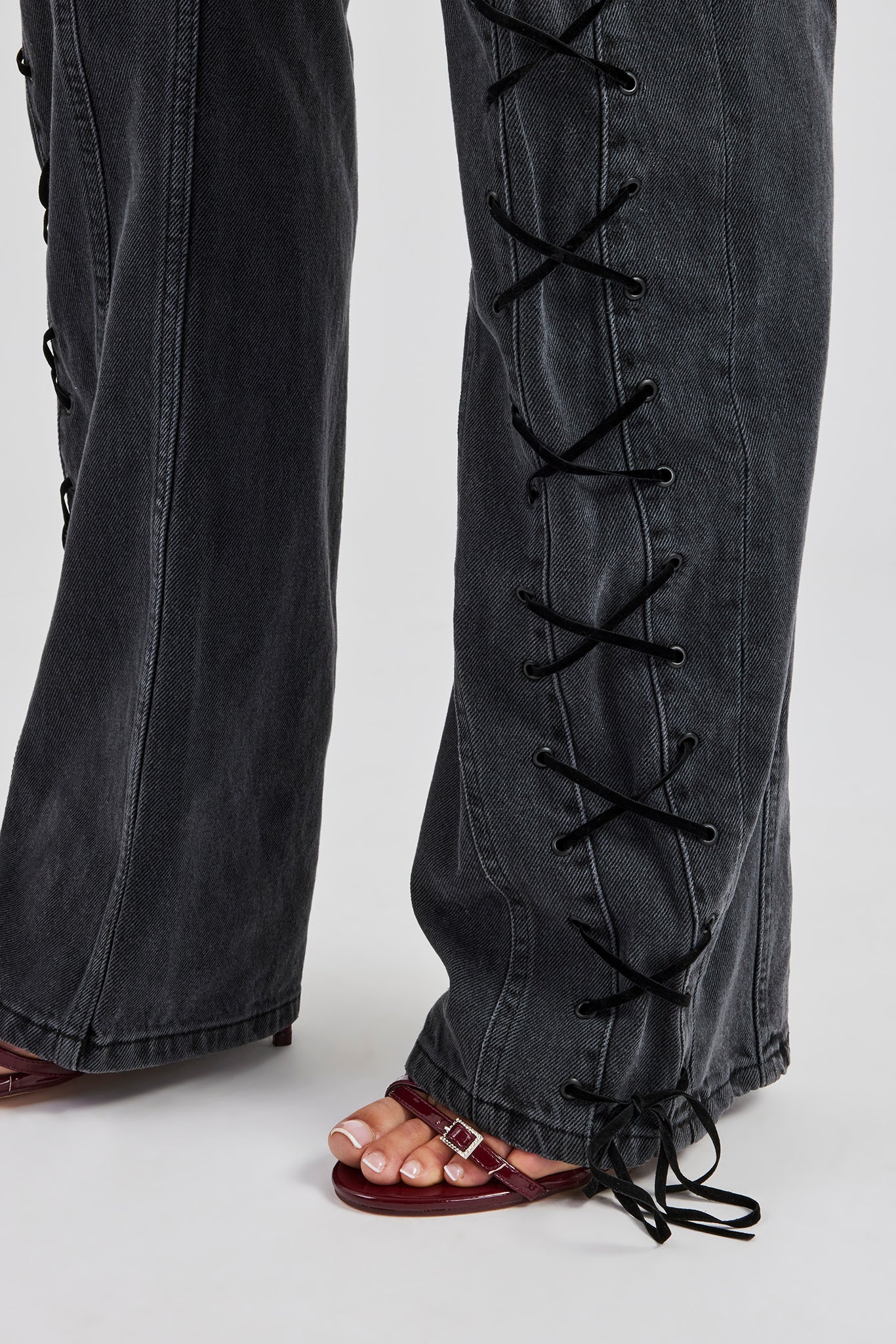 Lace Up Detail Relaxed Denim Jean - Washed Black - Image 3
