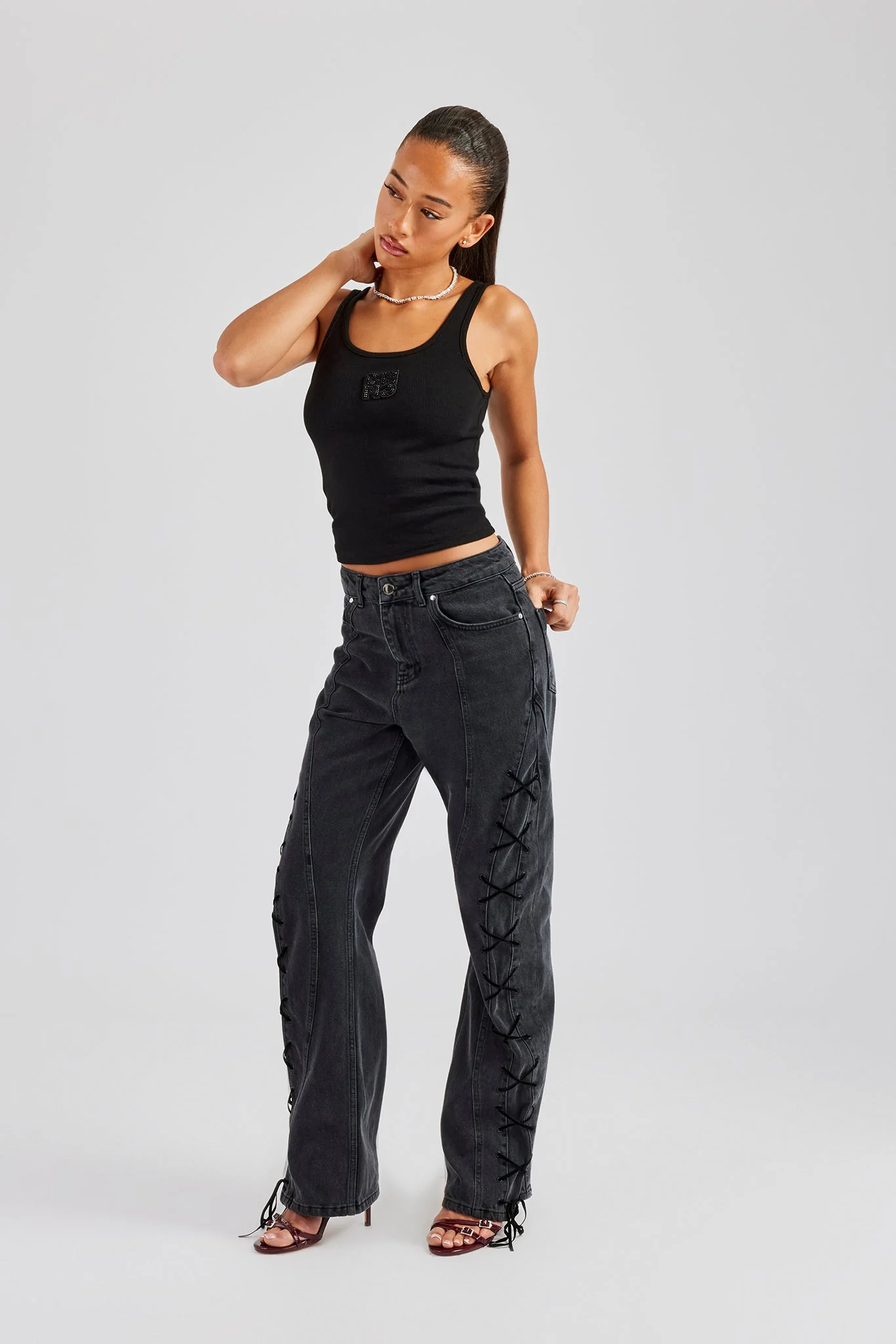 Lace Up Detail Relaxed Denim Jean - Washed Black - Image 4