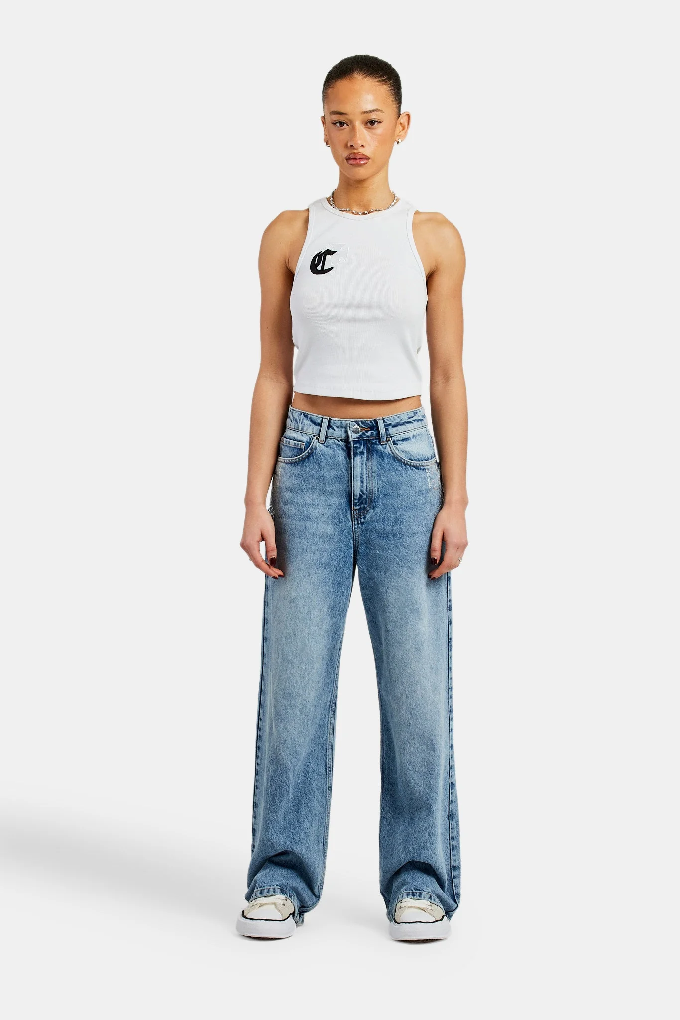 Ladies Baggy Rhinestone Cross Jeans - Light Blue - Image 4