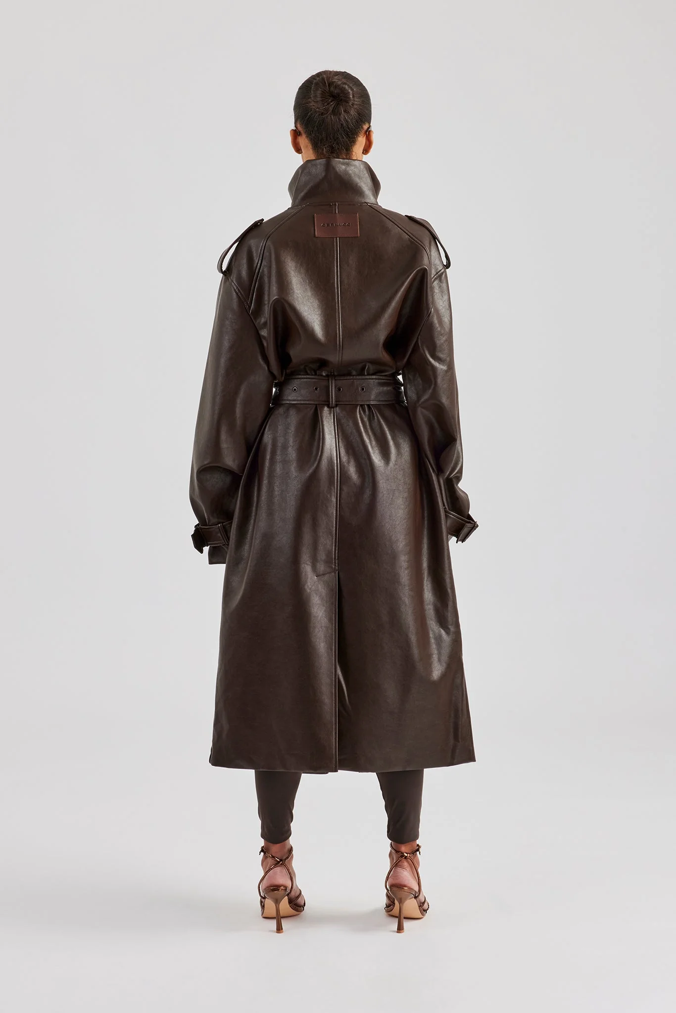 Ladies Faux Leather Trench Coat - Chocolate - Image 4