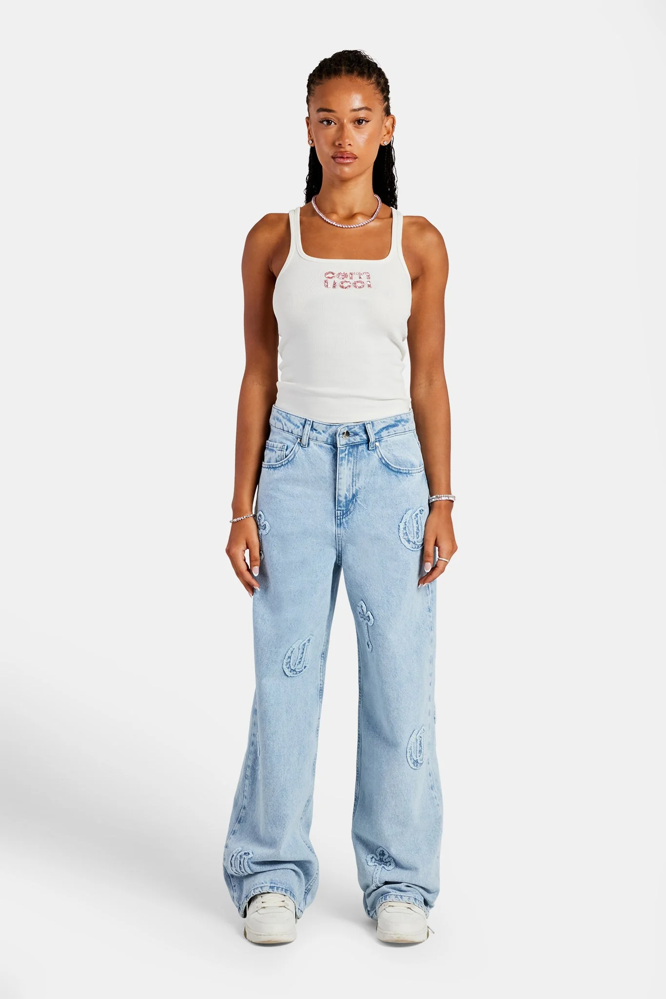 Ladies Raw Edge Applique Cross Baggy Jean - Ice Blue - Image 3