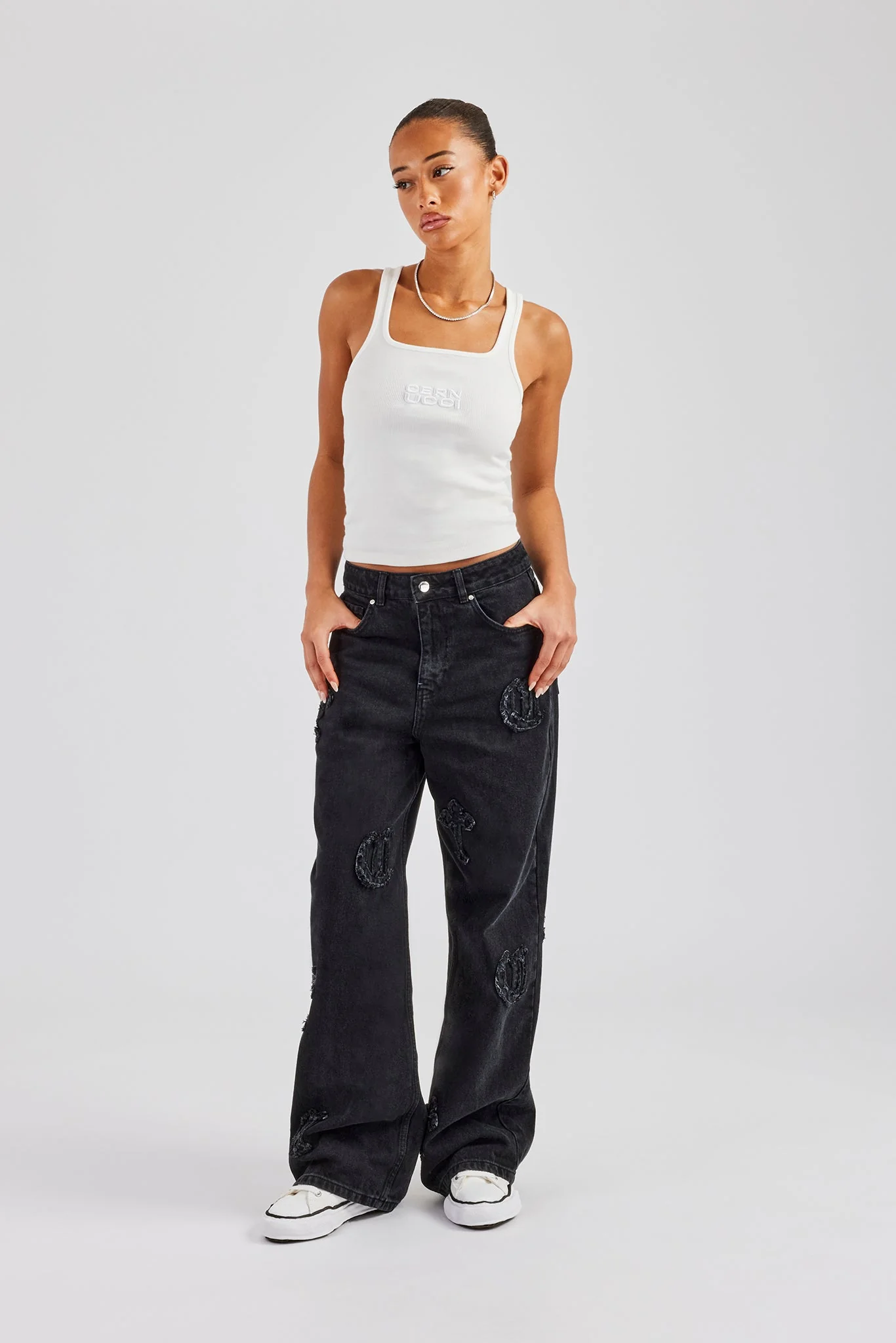 Ladies Raw Edge Applique Cross Baggy Jean - Washed Black - Image 2