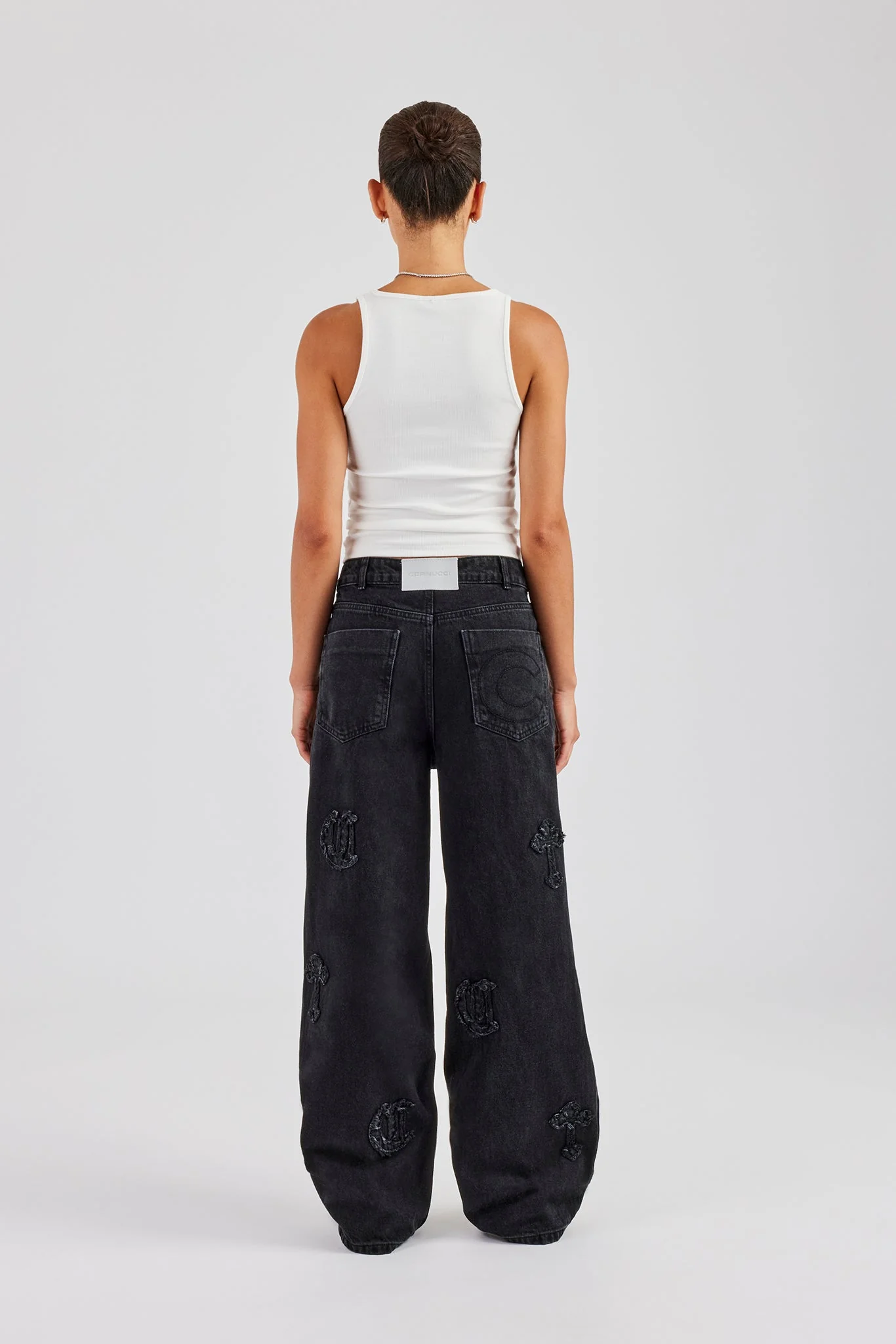 Ladies Raw Edge Applique Cross Baggy Jean - Washed Black - Image 4