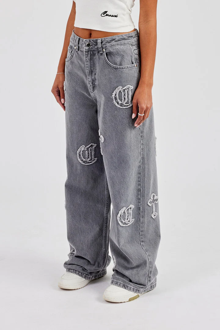 Ladies Raw Edge Applique Cross Baggy Jean - Washed Grey