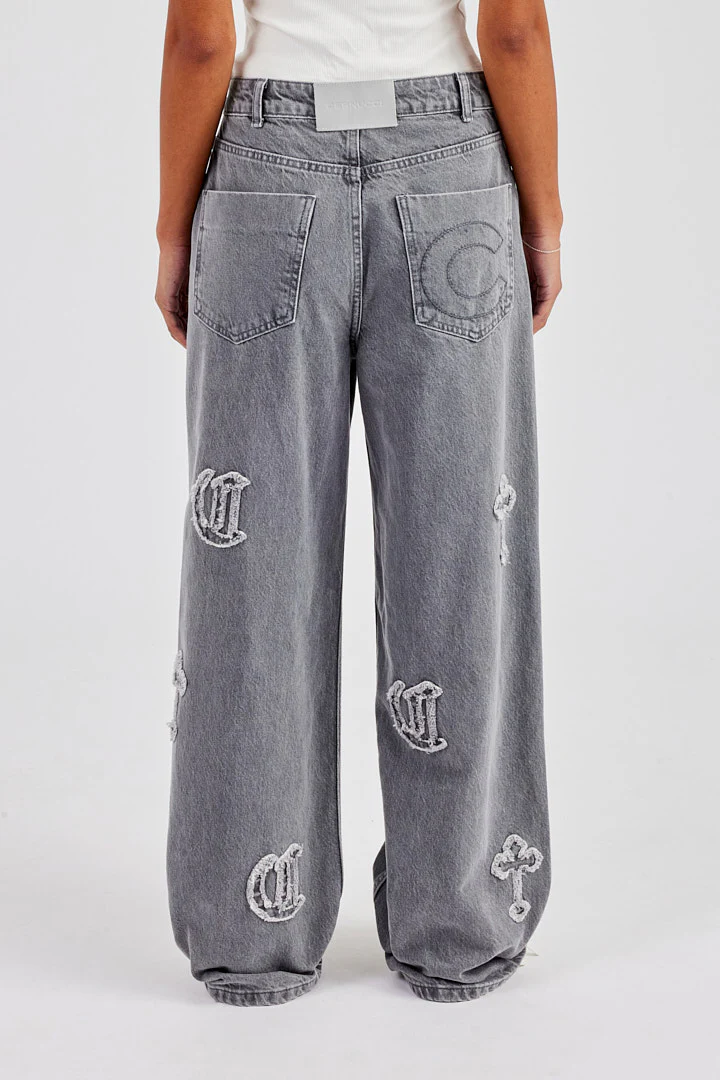 Ladies Raw Edge Applique Cross Baggy Jean - Washed Grey - Image 3