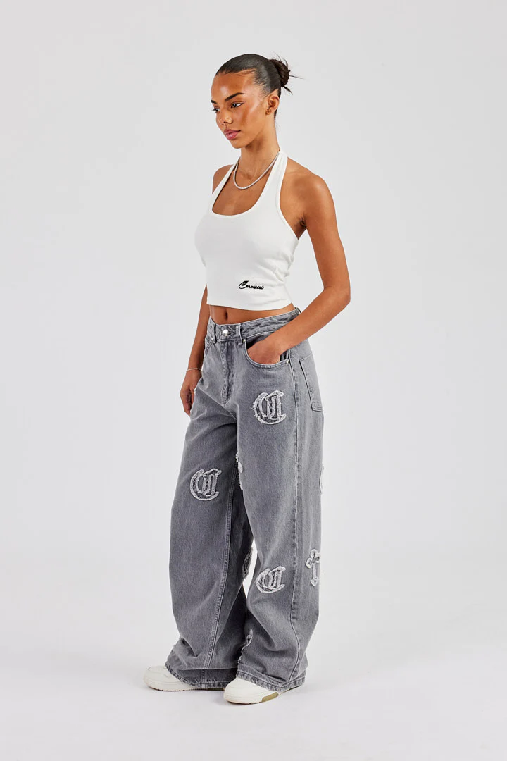 Ladies Raw Edge Applique Cross Baggy Jean - Washed Grey - Image 4