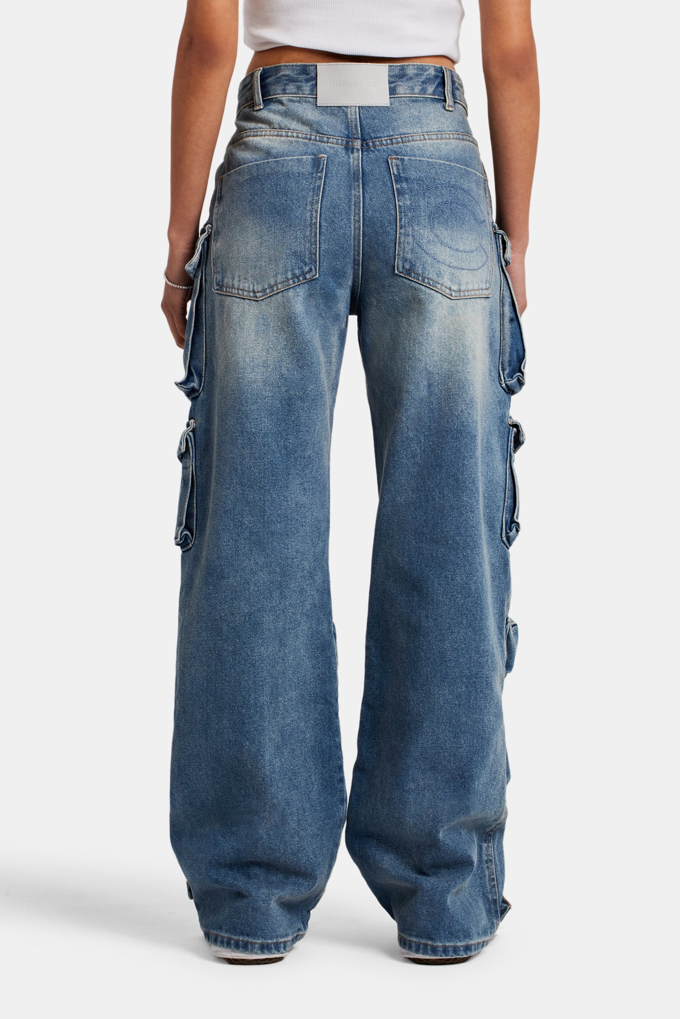 Ladies Relaxed Cargo Jeans - Mid Blue - Image 4