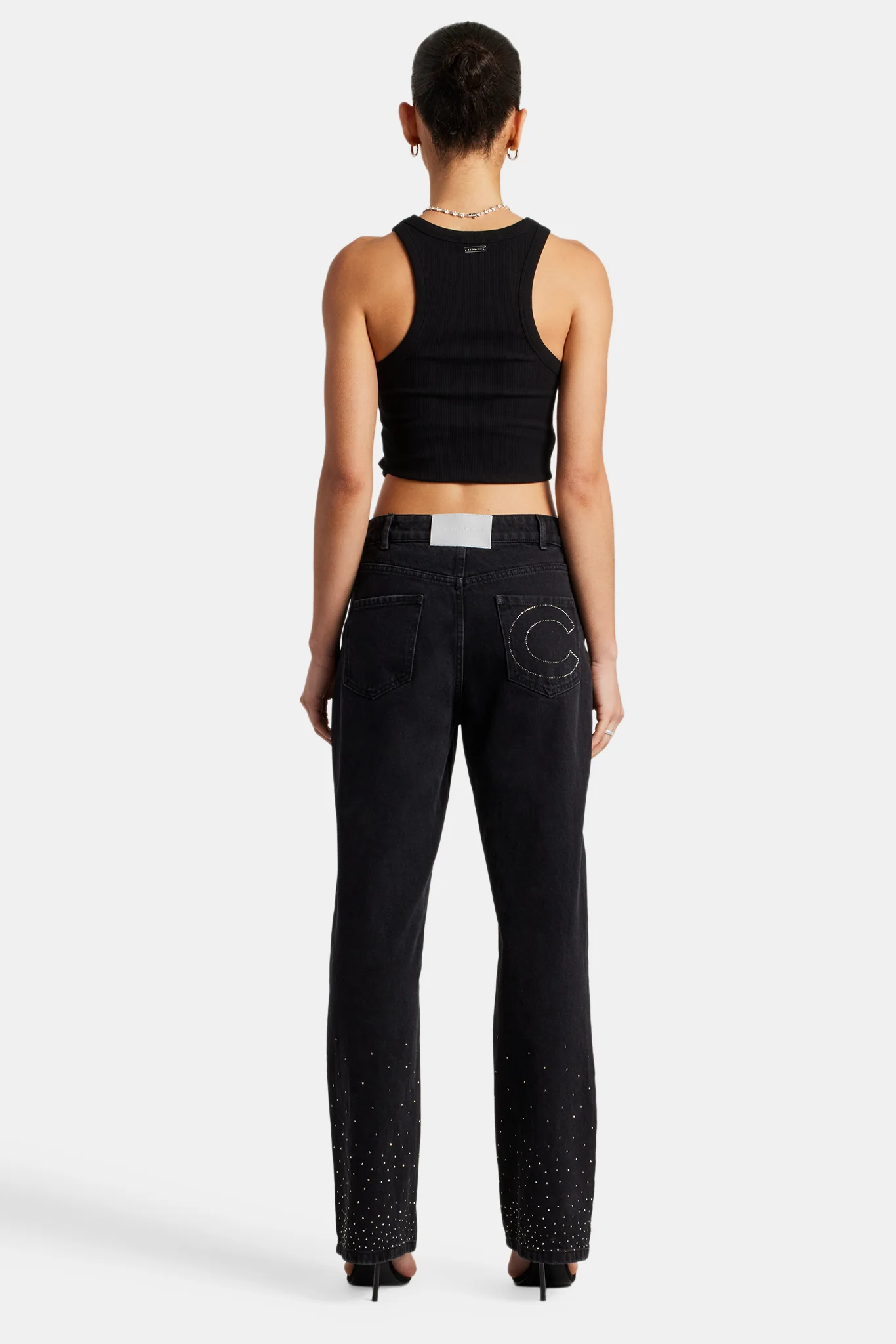 Ladies Relaxed Mid Rise Rhinestone Jeans - Washed Black - Image 2