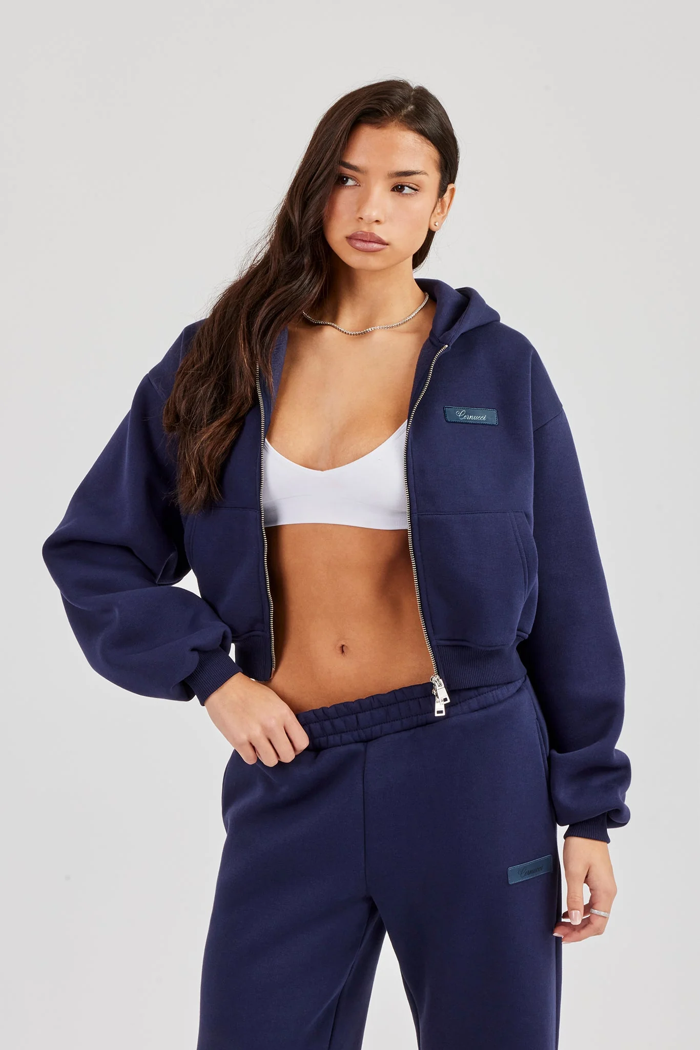 Logo Tab Boxy Zip Hoodie - Navy Blue