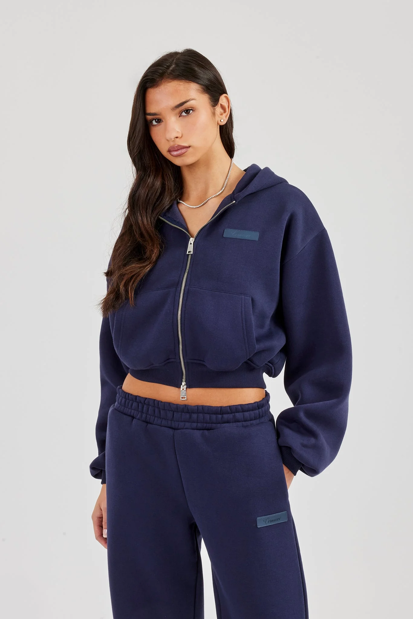 Logo Tab Boxy Zip Hoodie - Navy Blue - Image 2
